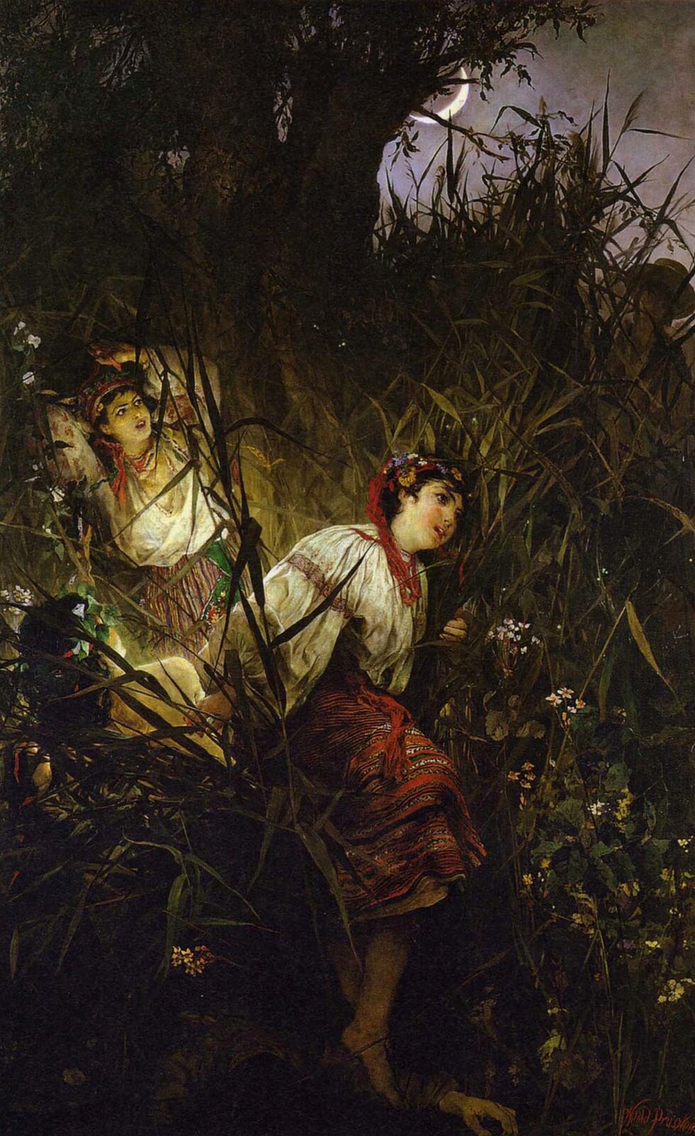 Obraz przedstawia trzy kobiety ubrane w ludowe stroje wśród wysokich traw. Pierwsza z nich zajmuje centralne miejsce na obrazie, widać całą jej sylwetkę, druga, znajdująca się dalej, widoczna jest do połowy, dolna część ciała ukryta jest w trawie. Jej postać jest oświetlona. Trzecią kobietę, odwróconą tyłem, widać tylko częściowo. Na drugim planie stoją drzewa, rozpościerają się wysokie trawy, spośród których wyłania się postać w kapeluszu. Na tle nieba błyszczy sierp księżyca.