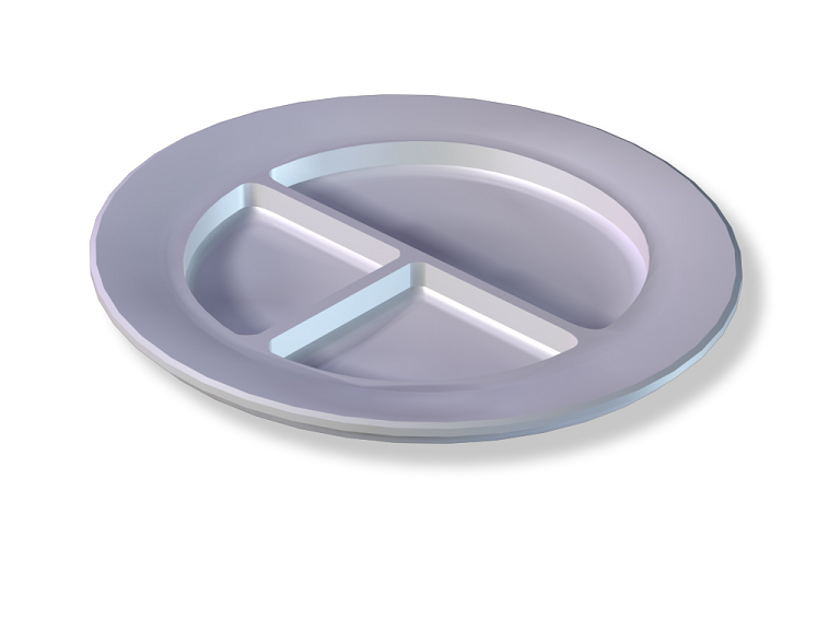 Ilustracja przedstawia talerz z trzema przegródkami. Pierwsza zajmuje połowę objętości talerza, dwie pozostałe – jedną czwartą. Talerz przeznaczony jest do zdrowego komponowania posiłków.