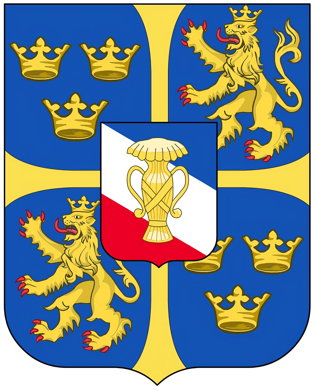 Ilustracja przedstawia Herb, na którym na tarczy herbowej w niebieskim polu znajduje się złoty krzyż z ramionami rozszerzającymi się na końcach, a na nim tarcza sercowa dynastyczna. W polach: lewym górnym i Prawym dolnym znajdują się trzy złote korony w układzie dwie w pierwszym szeregu i jedna w drugim szeregu. W polach prawym górnym i lewym dolnym jest  złoty lew w koronie, mający czerwone: język, pazury. Tarcza sercowa pokazuje herb Wazów - na tle prawo skośnych pasów niebieskiego, białego i czerwonego złoty snopek. 