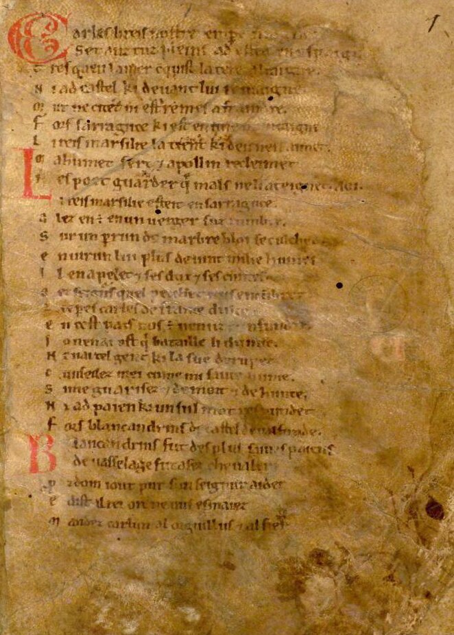 Pieśń o Rolandzie Źródło: Pieśń o Rolandzie, koniec XI/początek XVII wieku, Bodleian Library, domena publiczna.
