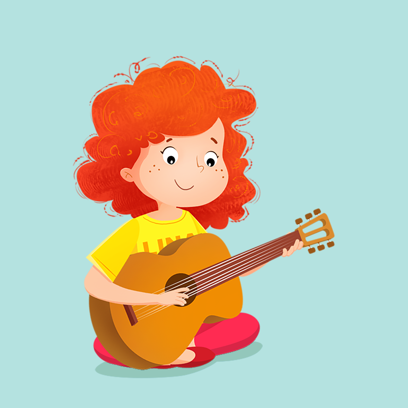 Ilustracja przedstawia rudowłosą dziewczynkę w żółtej bluzce. Dziecko gra na gitarze klasycznej.