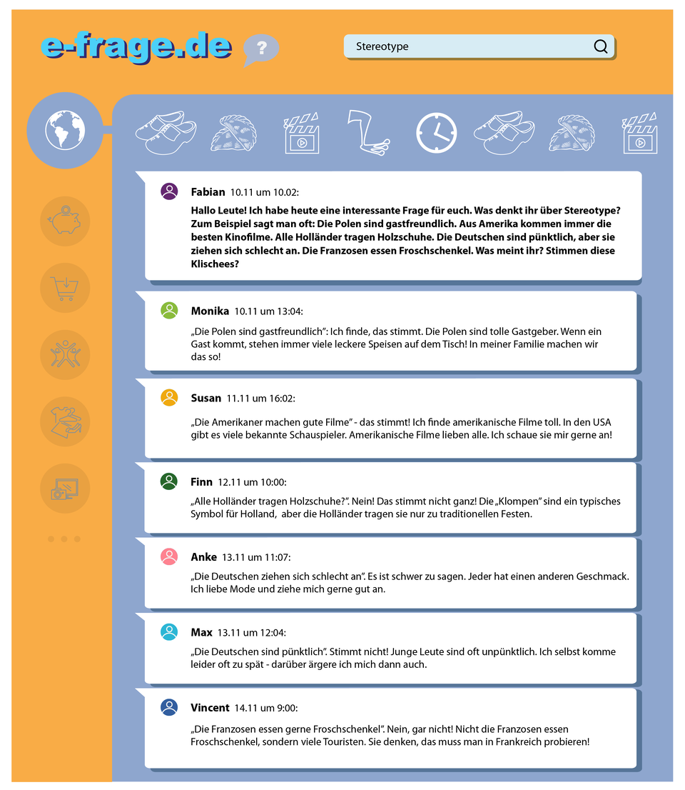 Ilustracja przedstawia komentarze na portalu e-frage.de. Widoczne jest siedem komentarzy od siedmiu różnych osób. Transkrypcja komentarzy dostępna jest poniżej.