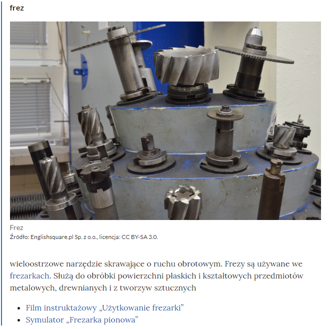Widok górnej części słownika z polem do filtracji pojęć. Ilustracja przedstawia frezy. Konstrukcja jest następująca: pojęcie, poniżej jego wyjaśnienie, a pod nim znajduje się link, po którego kliknięciu użytkownik przenosi się do rozdziału w tym materiale, w którym dane pojęcie jest wykorzystywane. Linków może być jeden lub kilka, w zależności od tego, w ilu rozdziałach użyto pojęcia.