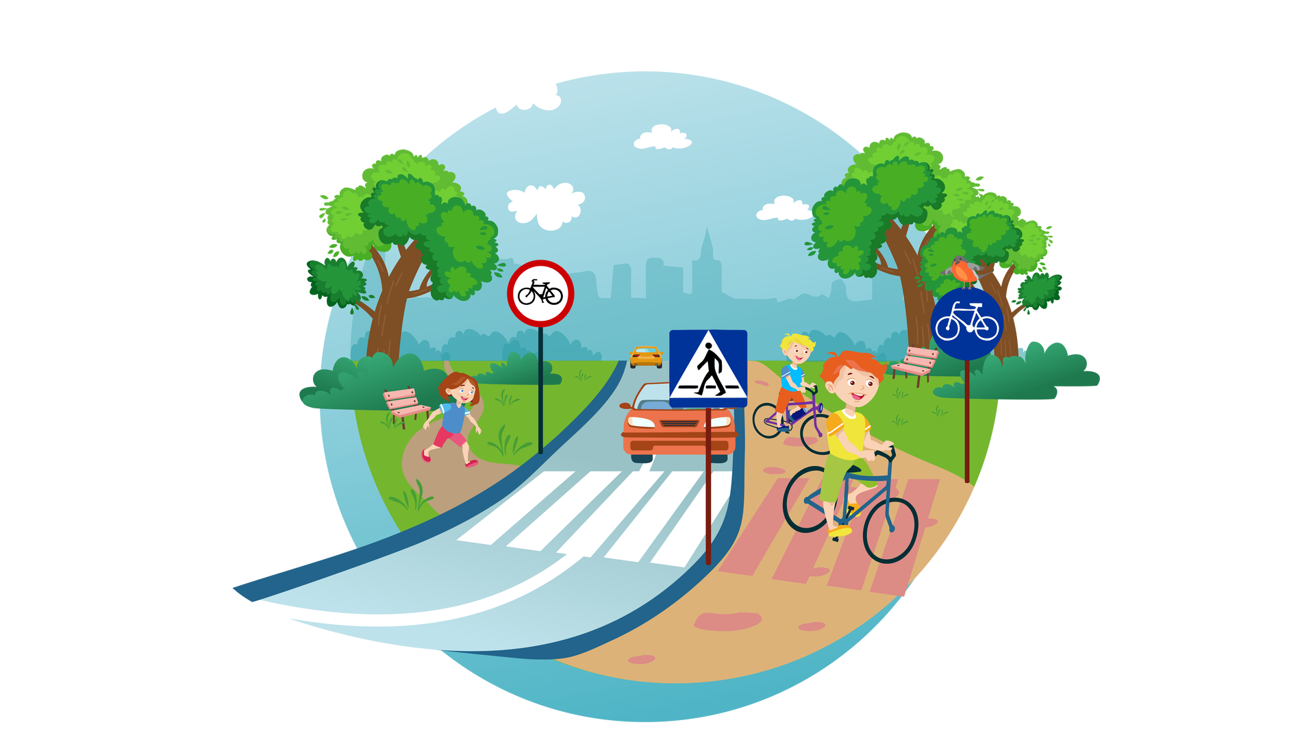 Ilustracja przedstawia miejski krajobraz. W tle widać błękitne niebo z jasnymi chmurami oraz zarys budynków miejskich. Przez środek ilustracji biegnie ulica. Rozpoczyna się na pierwszym planie i znika w oddali. Na środku ulicy są namalowane białe pasy wyznaczające przejście dla pieszych. Po prawej stronie drogi stoi znak drogowy, który przedstawia czarną postać przechodzącą przez przejście dla pieszych na białym trójkątnym tle. Całość znajduje się na prostokątnym niebieskim tle. Informuje o przejściu dla pieszych. Na drodze, za pasami, po prawej stronie, stoi pomarańczowy samochód osobowy. Po lewej stronie, w oddali, widać tył drugiego, żółtego samochodu. Na prawo od ulicy znajduje się ścieżka. Na wysokości przejścia dla pieszych namalowano na niej różowe pasy. Franek jedzie po nich na granatowym rowerze, kierując się w prawą stronę. Chłopiec jest ubrany w żółtą koszulkę z krótkimi pomarańczowymi rękawami, krótkie jasnozielone spodnie i pomarańczowe buty z żółtymi podeszwami. Za Frankiem, na fioletowym rowerze, jedzie drugi chłopiec. Ma krótkie blond włosy i jest ubrany w błękitną koszulkę z krótkimi niebieskimi rękawami, krótkie pomarańczowe spodnie i ciemnofioletowe buty. Podobnie jak Franek, kieruje się w prawą stronę. Dalej na prawo jest pas zieleni. Rosną tam dwa duże drzewa liściaste, przy których stoi jasnoróżowa ławka. Na poziomie pasów namalowanych na ścieżce, po prawej stronie, stoi znak drogowy przedstawiający biały rower na okrągłym niebieskim tle. Oznacza drogę dla rowerów. Po lewej stronie, przy ulicy, stoi znak drogowy przedstawiający czarny rower na okrągłym białym tle, otoczony czerwoną ramką. Oznacza zakaz wjazdu na rowerze. Na lewo od ulicy znajduje się pas zieleni. Po lewej stronie widać duże drzewo liściaste, pod którym stoi jasnoróżowa ławka. Obok ławki biegnie wąska ścieżka, która zaczyna się przy przejściu dla pieszych i kończy w oddali. Po ścieżce biegnie Maja. Jest ubrana w niebieską koszulkę z krótkimi błękitnymi rękawami, krótkie ciemnoróżowe spodnie i ciemnoróżowe buty. Dziewczynka kieruje się w prawą stronę, na przejście dla pieszych.