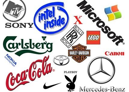 Ilustracja przedstawia logo różnych korporacji. Są to: MTV, Sony, Intel, Microsoft, Coca Cola, Carlsberg, Rolls Royce, Canon, Mercedes-Benz, Playboy, Nike, Toyota, Harley-Davidson, Nokia, Lego.