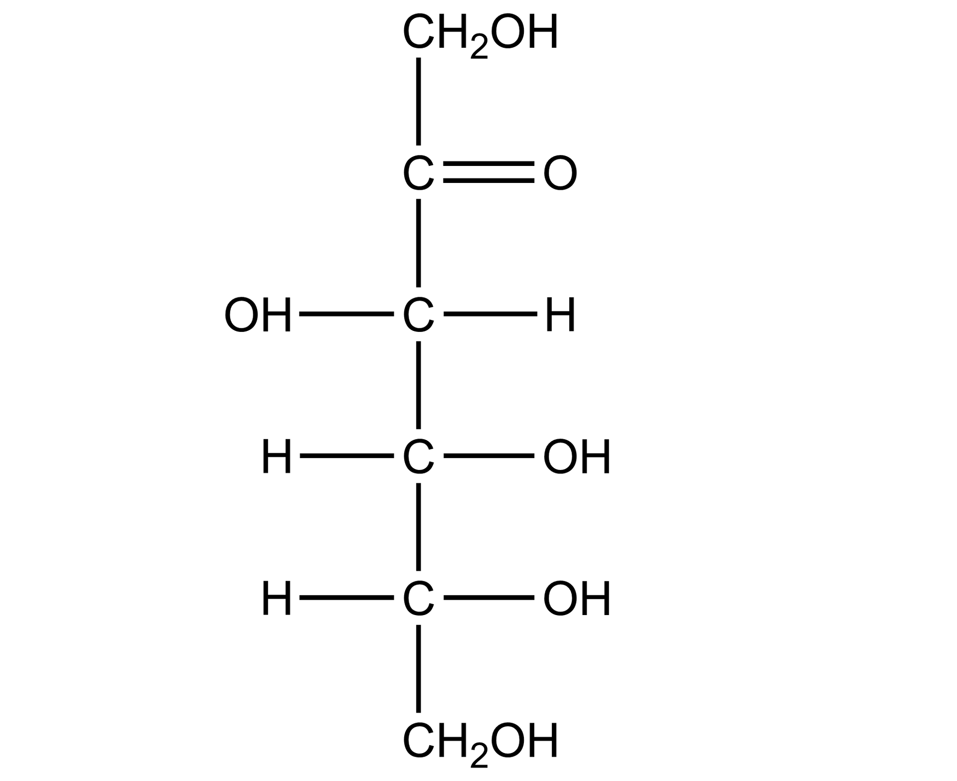 Na ilustracji wzór strukturalny fruktozy. Łańcuch główny jest pionowy. Składa się z czterech atomów węgla. Atomy węgla na samej górze i na dole łączy się z grupą                C       H                 2                O     H    . Drugi atom węgla od góry łańcucha łączy się z prawej strony wiązaniem podwójnym z atomem tlenu. Kolejny atom węgla łączy się z lewej strony z grupą OH, z prawej z atomem wodoru. Dwa pozostałe atomy węgla łącza się z lewej strony z atomem wodoru, a z prawej z grupą OH.   