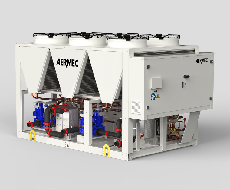 Grafika przedstawia system wody lodowej. Układ składa się z zespołu dwóch sprężarek, oznaczonych na grafice kolorem niebieskim, parownika, przedstawionego jako szary prostopadłościan, systemu izolowanych czarnych rur, którymi przepływa woda, oraz miedzianych rurek, którymi przepływa czynnik chłodniczy. Górną część układu stanowią skraplacze złożone z płyt lamelowych. Ich zwieńczeniem jest sześć wentylatorów, których zadaniem jest dodatkowe schładzanie systemu, poprzez oddanie ciepła do otoczenia. Na prawej zewnętrznej ścianie umieszczona jest szafa sterownicza z panelem kontrolnym.