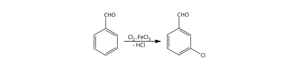 Ilustracja przedstawiająca przykład efektu kierującego podstawnika na podstawie reakcji. Cząsteczka benzaldehydu składająca się z sześcioczłonowego pierścienia aromatycznego podstawionego grupą aldehydową, strzałka w prawo, nad strzałką znajduje się cząsteczka chloru C l indeks dolny, dwa, koniec indeksu dolnego oraz cząsteczka chlorku żelaza(trzy) F e C l indeks dolny, trzy, koniec indeksu dolnego, poniżej strzałki znajduje się zapis "minus cząsteczka chlorowodoru H C l. Za strzałką znajduje się cząsteczka produktu trzy-chlorobenzaldehydu.
