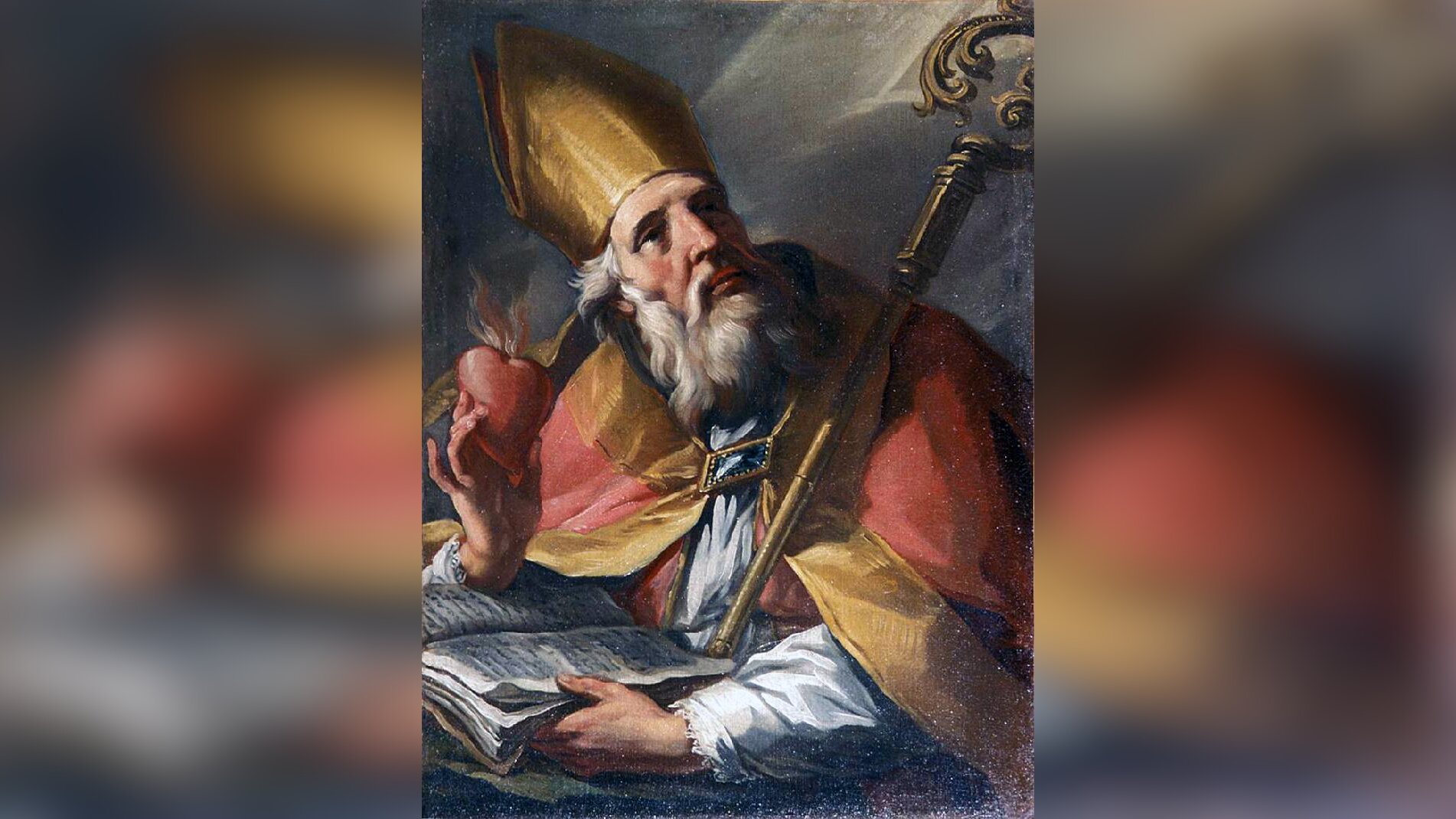 Obraz przedstawia siedzącego przy stole, przy otwartej księdze starszego mężczyznę w szatach biskupich i tiarze na głowie. O jego lewe ramię opiera się pastorał. Mężczyzna trzyma w prawej dłoni gorejące serce. 