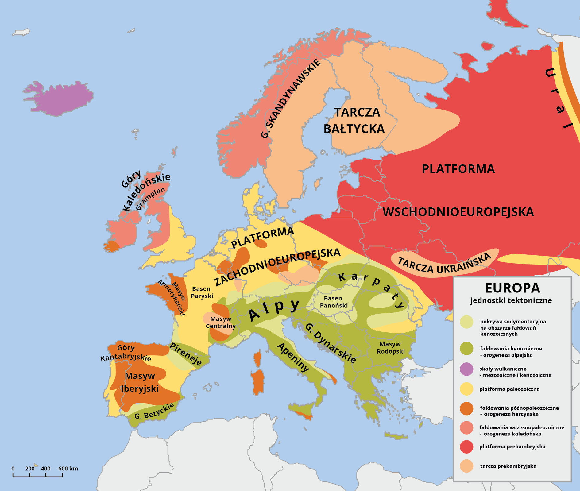 Na mapie Europy zaznaczono położenie Polski na tle wielkich jednostek tektonicznych. Platforma wschodnioeuropejska pod względem geograficznym obejmuje północno‑wschodnią część Europy, a pod względem politycznym – część Norwegii, Szwecję, Finlandię, część Rosji, Estonię, Łotwę, Litwę, część Polski, Białoruś, część Ukrainy oraz większość dna Bałtyku. Tarcza bałtycka występuje na północy kontynentu europejskiego, obejmuje tereny południowej Norwegii, Szwecji, Finlandii i Półwyspu Kolskiego (Rosja). Platforma zachodnioeuropejska geograficznie obejmuje Europę zachodnią (bez Półwyspu Skandynawskiego i bez prawie całych Wysp Brytyjskich (wyjątkiem jest pas wzdłuż południowego wybrzeża Anglii), południowo‑zachodnią i część Europy Środkowej. Tarcza ukraińska wchodzi w skład platformy wschodnioeuropejskiej.  Znajduje się na terenie Ukrainy. Pokrywa sedymentacyjna na obszarze fałdowań kenozoicznych: Basen Panoński, północna Austria, północna Szwajcaria,  południe Niemiec, na południe od Pirenejów. Fałdowanie kenozoiczne - orogeneza alpejska: Góry Betyckie, Pireneje, Alpy, Apeniny, Góry Dynarskie, Masyw Rodopski, Karpaty. Skały wulkaniczne - mezozoiczne i kenozoiczne: Islandia. Platforma paleozoiczna:  platforma w zachodniej i środkowej Europie. Geograficznie obejmuje Europę zachodnią (bez Półwyspu Skandynawskiego i bez prawie całych Wysp Brytyjskich (wyjątkiem jest pas wzdłuż południowego wybrzeża Anglii), południowo‑zachodnią i część Europy Środkowej. Fałdowanie późnopaleozoiczne - orogeneza hercyńska: w Europie objęta nim została głównie część środkowa: Irlandia, Walia, Ardeny, środkowe Niemcy, Masyw Czeski. W Polsce w orogenezie hercyńskiej zostały ukształtowane Sudety i Góry Świętokrzyskie oraz głębokie podłoże Niżu Polskiego – monokliny przedsudeckiej i monokliny śląsko‑krakowskiej. Fałdowanie wczesnopaleozoiczne - orogeneza kaledońska: powstały Góry Kaledońskie, Grampiany i Góry Skandynawskie,  Góry Świętokrzyskie. Platforma prekambryjska pokrywa się z platformą wschodnioeuropejską. Tarcza prekambryjska: południe Czech, Masyw Centralny, obszar na północnym wschodzie Francji.    Na mapie zaznaczono położenie gór. Góry Skandynawskie: łańcuch górski w zachodniej i północnej części Półwyspu Skandynawskiego, ciągnący się wzdłuż wybrzeża Oceanu Atlantyckiego, na terytorium Norwegii, Szwecji i częściowo Finlandii. Góry Kaledońskie: pasmo górskie w północnej Szkocji (Wielka Brytania). Góry kaledońskie graniczą z Grampianami w Szkocji. Masyw Armorykański: masyw górski pochodzenia hercyńskiego, położony w północno‑zachodniej Francji, na terenie regionów Bretanii i Normandii. Masyw Centralny: kraina w środkowej i południowej Francji. Basen Paryski: obszar nizinny (rozległe obniżenie w kształcie spodka) w północnej Francji, zlokalizowany pomiędzy Masywem Armorykańskim na zachodzie, Masywem Centralnym na południu oraz Ardenami i Wogezami na wschodzie, otwarty na północ w kierunku kanału La Manche. Alpy: ciągnący się łukiem od wybrzeża Morza Śródziemnego w okolicy Savony po dolinę Dunaju w okolicach Wiednia. Karpaty:  łańcuch górski w środkowej Europie ciągnący się łukiem przez terytoria ośmiu krajów: Austrii, Czech, Polski, Słowacji, Węgier, Ukrainy, Rumunii i Serbii. Góry Dynarskie:  łańcuch górski na Półwyspie Bałkańskim, wzdłuż wschodniego wybrzeża Morza Adriatyckiego, w Słowenii, Chorwacji, Bośni i Hercegowinie, Serbii, Czarnogórze, Kosowie i Albanii. Apeniny: łańcuch górski we Włoszech, rozciągający się z północy na południe wzdłuż całego Półwyspu Apenińskiego. Masyw Rodopski: od zachodu i północy graniczy z pasmami gór orogenezy alpejskiej. Od zachodu graniczy z pasmami Gór Dynarskich i Hellenidów. Na północy Masyw Rodopski sięga środkowego Dunaju w okolicach Belgradu. Basen Panoński: równina w środkowej Europie, należąca pod względem geomorfologicznym do systemu alpejsko‑karpackiego. Góry Kantabryjskie:  łańcuch górski w północnej części Hiszpanii na Półwyspie Iberyjskim. Masyw Iberyjski: zajmuje centralną i zachodnią część Hiszpanii oraz wschodnią część Portugalii. Góry Betyckie: łańcuch górski w południowo‑wschodniej części Półwyspu Iberyjskiego, w Hiszpanii. Pireneje: góry znajdujące się w północno‑wschodniej części Półwyspu Iberyjskiego. 