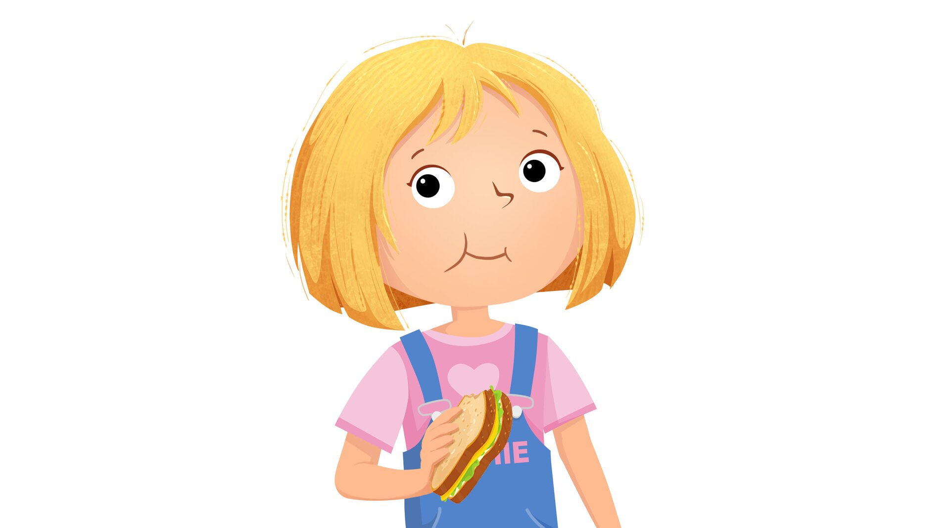 Na ilustracji znajduje się Sophie, która je kanapkę.