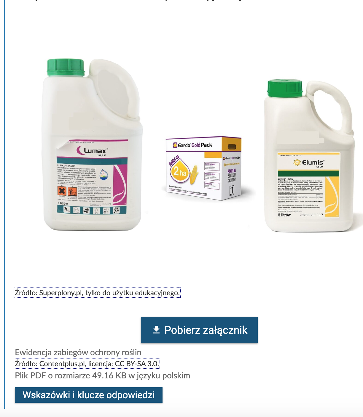 Grafika przedstawia ekran ćwiczenia z przyciskiem do pobrania załącznika (dokumentu) oraz sprawdzaniem poprawności odpowiedzi. Widoczne są również zdjęcia różnych środków ochrony roślin.