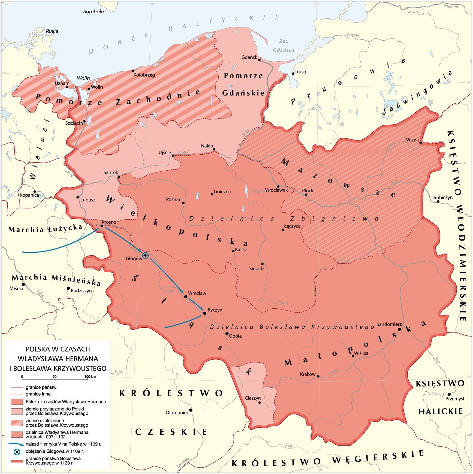 Ilustracja przedstawia mapę Polski w czasach Władysława Hermana i Bolesława Krzywoustnego. Polska za rządów Władysława Hermana: Wielkopolska i Kujawy (z Poznaniem, Gnieznem, Włocławkiem, Kaliszem), Śląsk (z Głogowem, Wrocławiem, Ryczynem, Opolem), Małopolskę (z Krakowem, Wiślicą), a także obszary wokół Sandomierz, Łęczycy, Sieradza. Ziemie przyłączone do Polski przez Bolesław Krzywoustego: Cieszyn i okolice oraz pas ziemi od Lubusza, Santoka, Ujścia, Nakła do Gdańska). Ziemie uzależnione przez Bolesław Krzywoustego: Pomorze Zachodnie z Uznamem, Wolinem, Kołobrzegiem, Szczecinem. Dzielnica Władysława Hermana w latach 1097‑1102 to Mazowsze z Płockiem, aż do terenów nad Wizną. Najazd  Henryka  V na Polskę w 1109 rozpoczął się z Marchii w okolicach rzeki Łaba. Marsz przeszedł przez Krosno, następnie oblężony został Głogów, wojska skierowały się do Wrocławia, a później Ryczyna skąd wycofały się na granice. Granice państwa Bolesław Krzywoustego w 1138 r.: Pomorze Gdańskie, Pomorze Zachodnie (bez Uznamu i terenów na zachód od niego), Pomorze Gdańskie, Mazowsze, Wielkopolska, Lubskie, Śląsk, Małopolska. Dzielnica Bolesław Krzywoustego obejmowała Śląsk i Małopolskę oraz miasta: Głogów, Wrocław, Ryczyn, Opole, Kraków, Wiślica, Sandomierz. Dzielnica Zbigniewa obejmowała Wielkopolskę i Mazowsze z miastami Poznań, Gniezno, Włocławek, Kalisz, Sieradz, Łęczyca, Płock, Wizna.