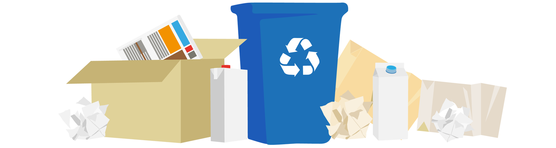 Ilustracja przedstawia niebieski pojemnik na makulaturę, czyli odpady papierowe. Znajdują się na nim trzy białe strzałki tworzące razem trójkątny kształt symbolizujący recykling, czyli segregację i ponowne przetwarzanie odpadów. Dookoła pojemnika leżą zgniecione kulki z papieru oraz kilka kartonowych opakowań. Po lewej stronie stoi duży karton, w którym znajduje się gazeta.