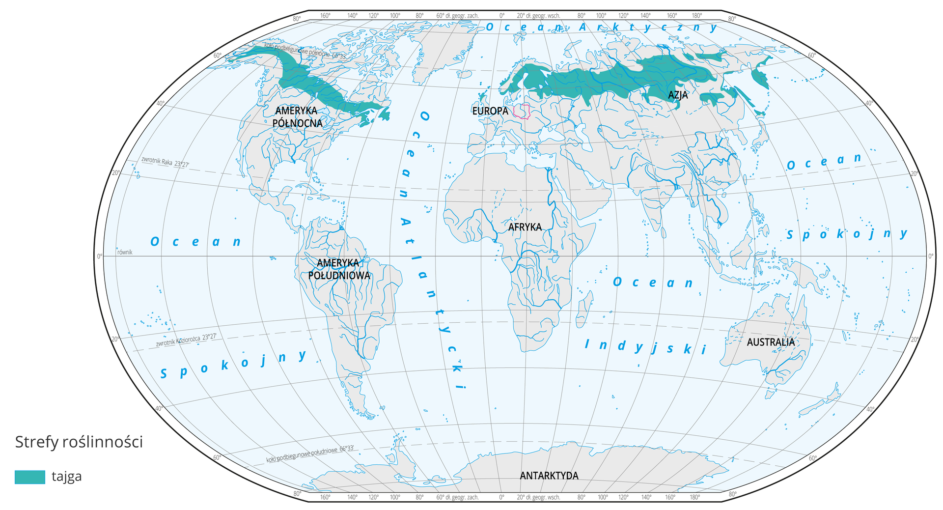 Mapa świata prezentuje występowanie tajgi na Ziemi. Obszary tajgi oznaczone kolorem turkusowym na mapie występują w: Północnej części Rosji, północnej części Półwyspu Skandynawskiego oraz północna część Alaski i Kandy.