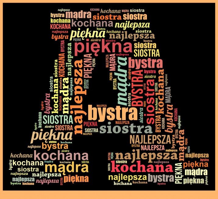Ilustracja przedstawia przykładowy obraz ze słów. Jest to wielka litera drukowana "A" na czarnym tle, która jest zbudowana z wielu kolorowych i różnej wielkości przymiotników, określających cechy kobiety, takich jak: piękna, dobra, kochana, bystra, mądra.