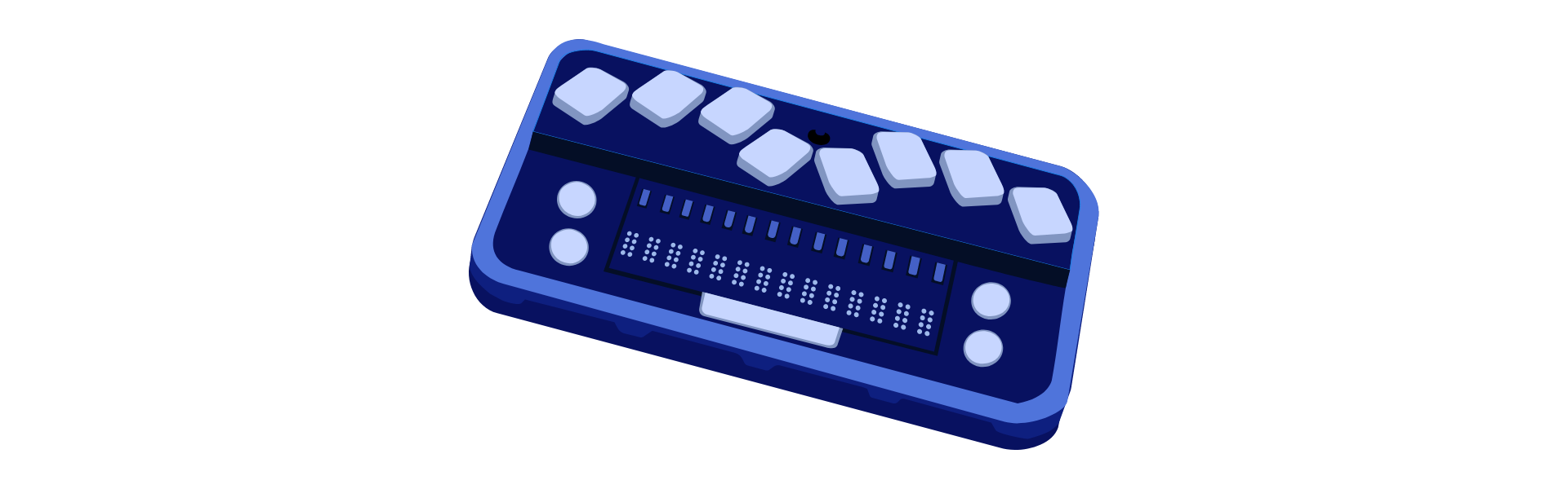 Grafika przedstawia linijkę brajlowską. Urządzenie wyposażone jest w przyciski i sześciopunkty brajlowskie.