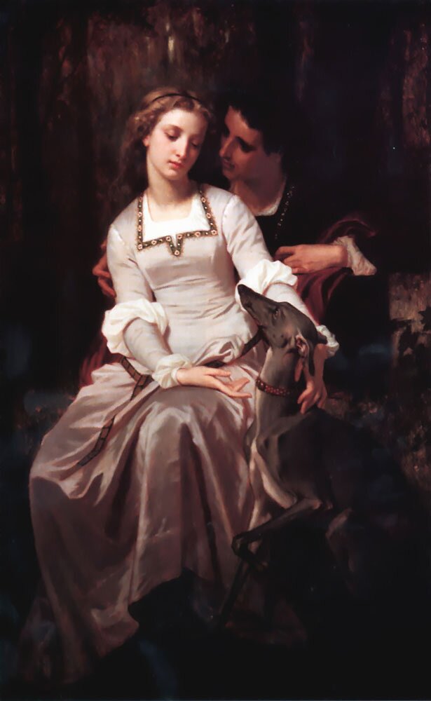 Obraz przedstawia dwoje młodych ludzi. W centralnej części jest zamyślona kobieta ubraną w piękną, długą, biało-beżową suknię. Prawą ręką spokojnie głaszcze psa. Kobietę od tyłu delikatnie obejmuje mężczyzna, który spogląda na nią z miłością.