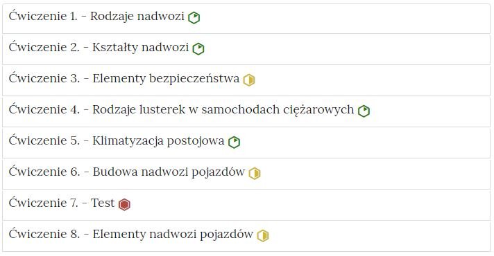 Zdjęcie przedstawia przykładowy wygląd zakładek zawierających interaktywne materiały sprawdzające. Składają się one z prostokątnych paneli umieszczonych jeden pod drugim. Każdy panel posiada numer oraz tytuł, który nawiązuje do zawartego w nim zadania wraz z poziomem trudności, na przykład: ćwiczenie pierwsze myślnik struktury budowy nadwozi , poziom łatwy.