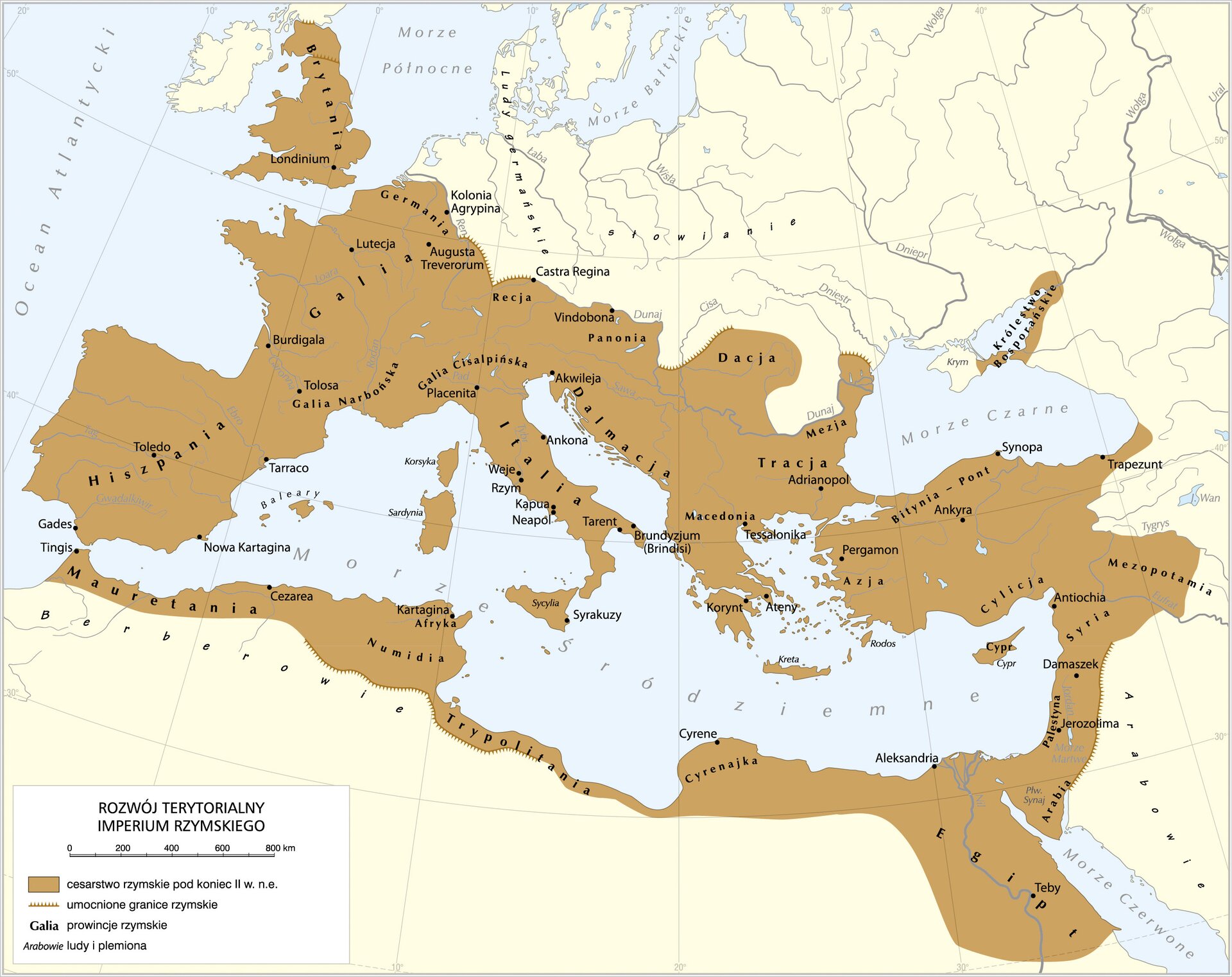 Grafika mapy przedstawiającej rozwój terytorialny imperium rzymskiego.