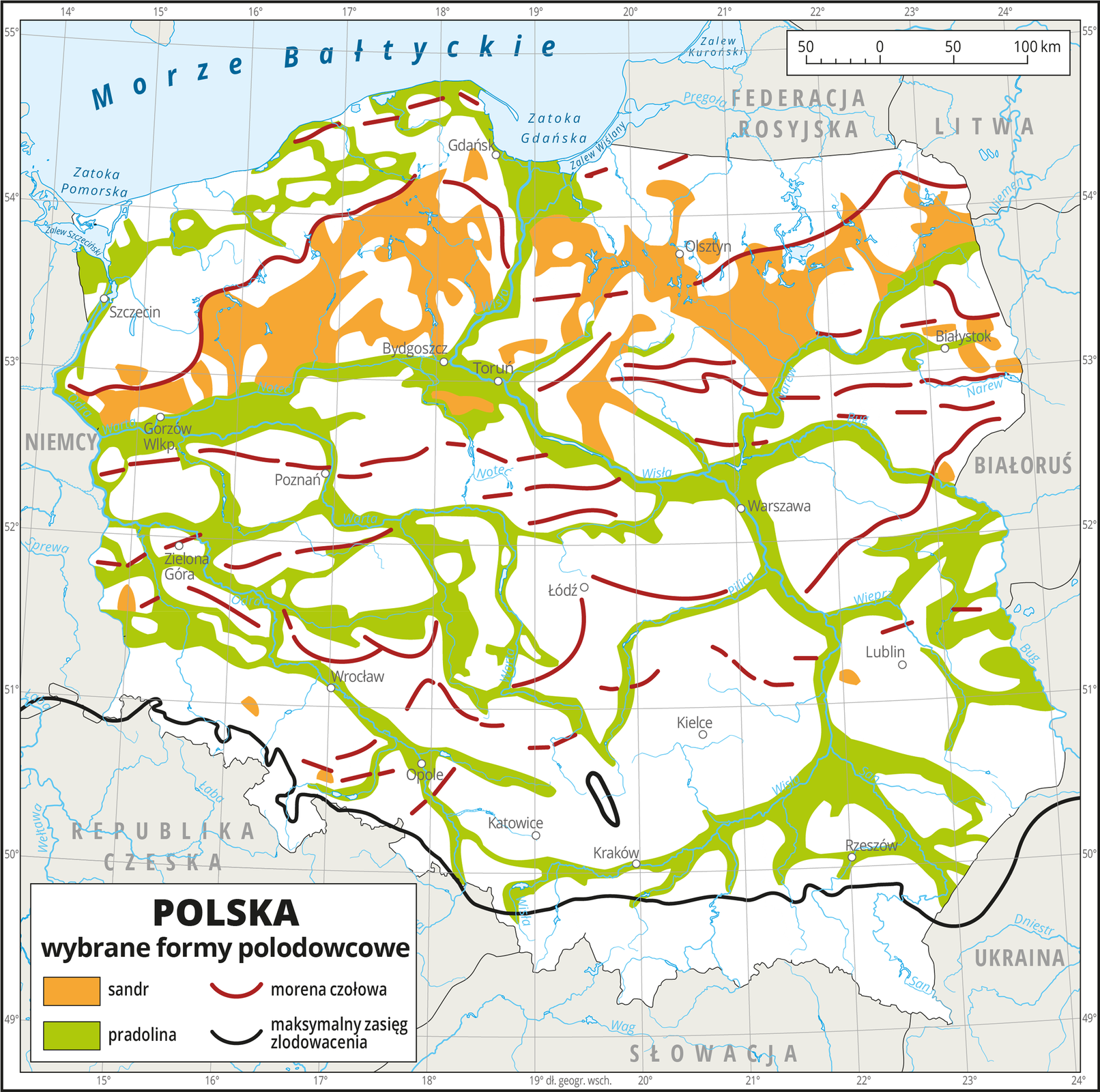 Ilustracja przedstawia mapę Polski. Teren Polski oznaczony białym kolorem. Na mapie widoczne rzeki i Morze Bałtyckie - oznaczone na niebiesko. Na mapie przedstawiono wybrane formy polodowcowe. Na północy, w rejonie pojezierzy, biegnie nieregularny pas koloru pomarańczowego obrazującego sandry. Wzdłuż rzek i w pasie pobrzeży występuje kolor zielony obrazujący pradoliny. Czerwonymi, przerywanymi liniami oznaczono moreny czołowe. Układają się one równoleżnikowo na całym obszarze mapy. Czarną linią zaznaczono maksymalny zasięg zlodowacenia, biegnie ona równoleżnikowo na południu Polski wzdłuż Przedgórza Sudeckiego i Pogórza Karpackiego. Oznaczono na szaro i nazwami kraje graniczące z Polską: Federacja Rosyjska, Litwa, Białoruś, Ukraina, Słowacja, Republika Czeska, Niemcy. Dookoła mapy w białej ramce opisano wartości długości i szerokości geograficznej co jeden stopień. W lewym dolnym rogu legenda: Polska - wybrane formy polodowcowe. Poniżej wyjaśnienie użytych symboli: pomarańczowy prostokąt - sandr, zielony prostokąt - pradolina, czerwona linia morena czołowa, czarna linia - maksymalny zasięg zlodowacenia. 