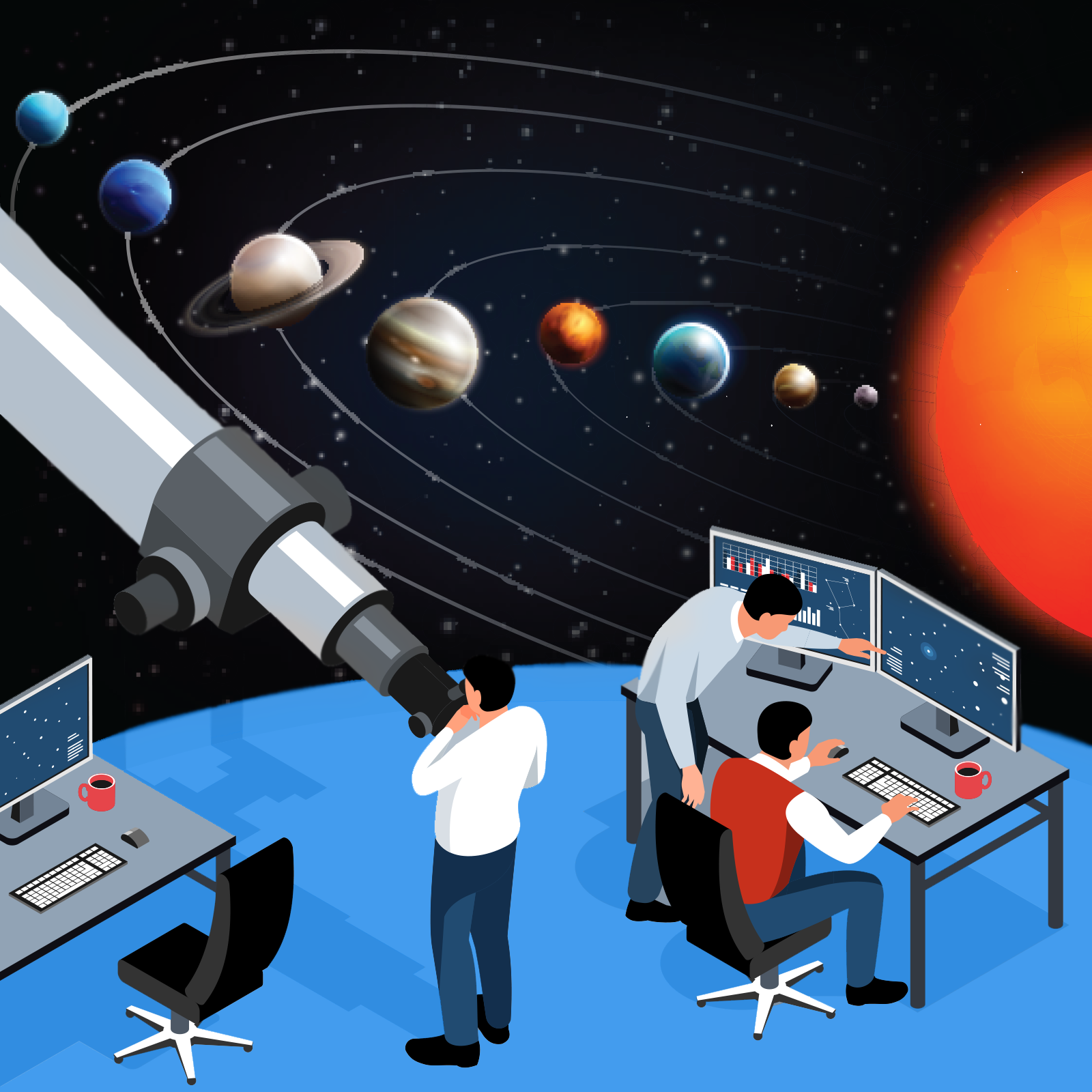 Ilustracja przedstawia stacje planetarną, w której znajdują się trzy osoby. Jedna z nich obserwuje kosmos przez teleskop. W tle widocznych jest osiem  planet Układu słonecznego i słońce.