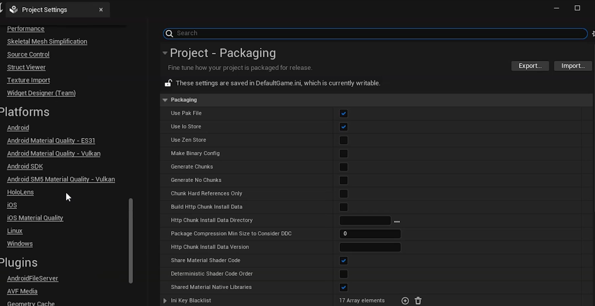 Widoczne jest okno programu Unreal
Engine 5. Menu Projet packaging.