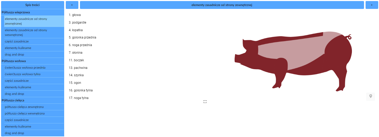 Grafika przedstawia widok ekranu atlasu interaktywnego zatytułowanego Usytuowanie elementów kulinarnych w tuszy zwierząt rzeźnych.