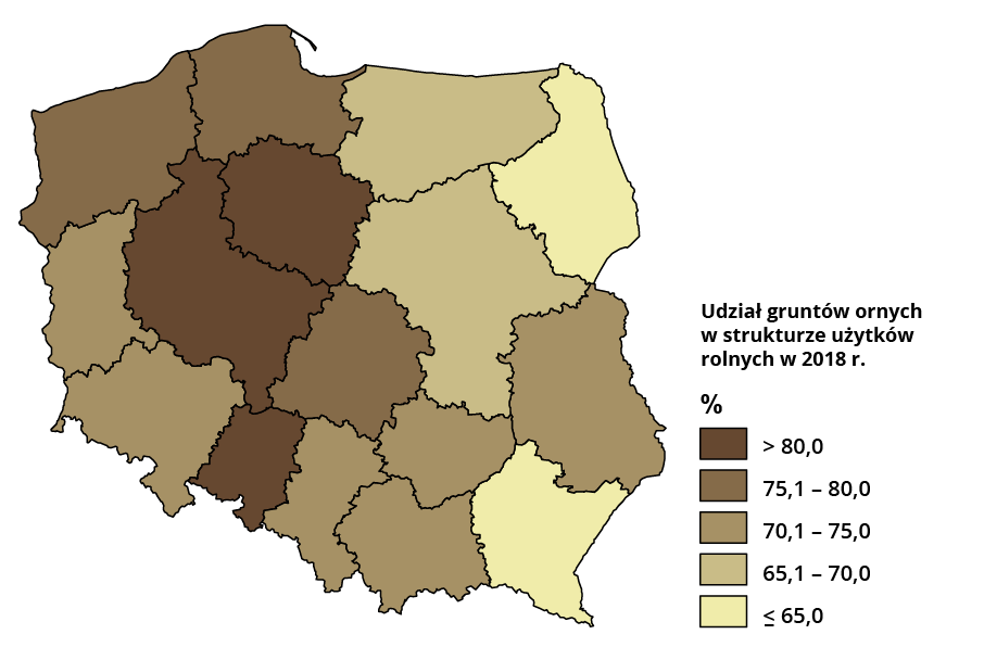 Mapa Polski przedstawia udział gruntów ornych. Ponad 80% było w województwie kujawsko‑pomorskim, wielkopolskim i opolskim. Od 75,1 do 80% było w województwie pomorskim, zachodniopomorskim i łódzkim. Od 70,1 do 75% było w województwie lubelskim, świętokrzyskim, małopolskim, śląskim, dolnośląskim i lubuskim. Od 65,1 do 70% było w województwie warmińsko mazurskim i mazowieckim. Poniżej 65% było w województwie podlaskim i podkarpackim.