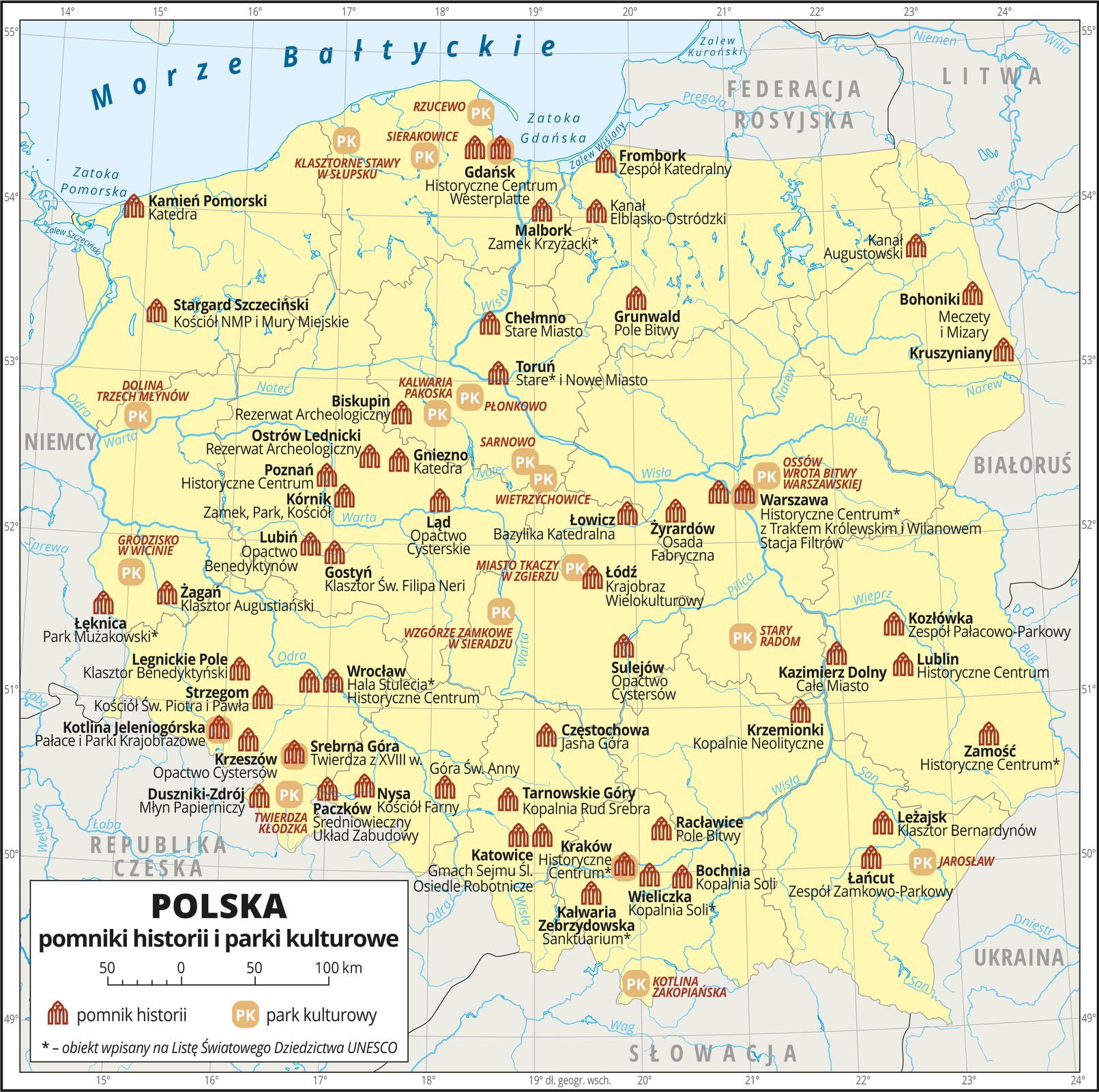 Na przedstawionej mapie Polski obszar kraju zaznaczono kolorem żółtym. Granice Polski i granice województw oznaczono szarymi liniami. Opisano państwa sąsiadujące. Na mapie za pomocą czerwonej sygnatury budynku przedstawiono pomniki historii w Polsce, a za pomocą sygnatury składającej się z liter PK na beżowym polu przedstawiono parki kulturowe. Na obszarze Polski znajduje się wiele pomników historii, od południa do środkowej części Polski rozmieszczone są równomiernie, mniej występuje ich w rejonie pojezierzy: Pomorskiego i Mazurskiego. Pomniki historii opisane są w kolorze czarnym nazwą miejscowości, w której się znajdują i nazwą własną – na przykład: Malbork – Zamek Krzyżacki, Wieliczka – Kopalnia Soli. Obiekty wpisane na Listę Światowego Dziedzictwa UNESCO oznaczono gwiazdką. Parków kultury jest mniej, sygnatury najgęściej występują w centrum Polski, na przykład: Miasto Tkaczy w Zgierzu, Wzgórze Zamkowe w Sieradzu. Nazwy parków kultury opisano kolorem czerwonym. Mapa zawiera południki i równoleżniki, dookoła mapy w białej ramce opisano współrzędne geograficzne co jeden stopień. W legendzie umieszczonej w dolnym lewym rogu ramki objaśniono znaki użyte na mapie.