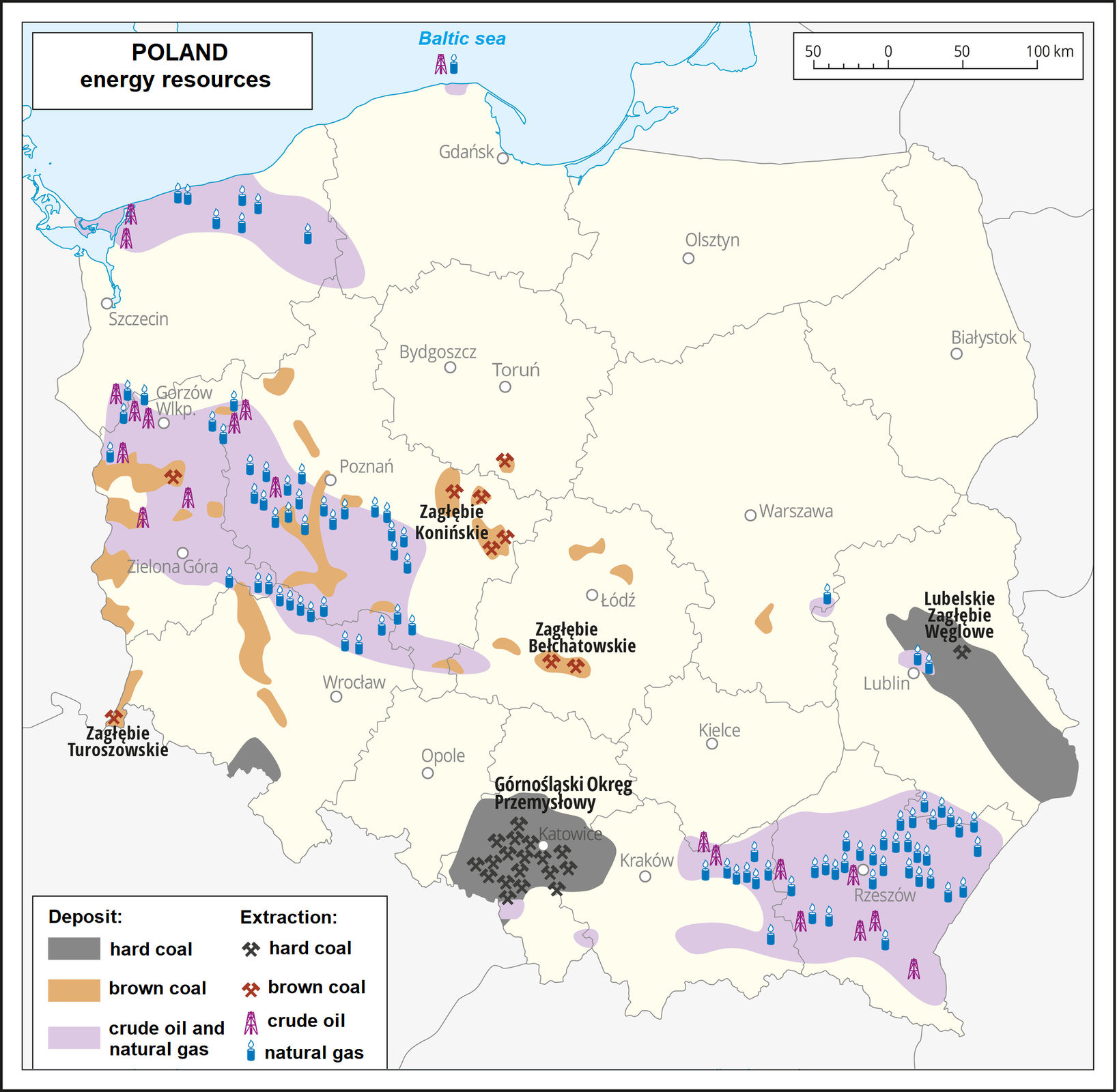 Ilustracja mapy Polski. Zaznaczone są na niej miejsca, gdzie wydobywany jest hard coal oznaczony kolorem szarym, który występuje w regionie Górnośląskiego Okręgu Przemysłowego.Brown coal oznaczony kolorem brązowym, który występuje w rejonie Zagłębia Konińskiego oraz Zagłębia Bełchatowskiego i Zagłębia Turoszewskiego. Crude oil and natural gas oznaczone na fioletowo, które występują w całym regionie górnego śląska oraz w okolicach Rzeszowa. 