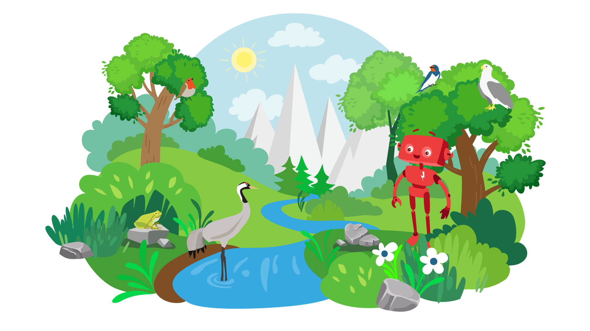 Ilustracja przedstawia rozległy teren porośnięty zielenią. W tle widać błękitne niebo ze słońcem i trzema jasnymi chmurami, a także jasne góry. Dookoła rosną drzewa liściaste, iglaste, krzewy oraz wysokie i niskie trawy. W kilku miejscach leżą pojedyncze szare kamienie. Przy jednym z nich, na pierwszym planie, rosną dwa drobne białe kwiatki. Przez środek ilustracji biegnie niebieska rzeczka. Stoi w niej czapla – duży szary ptak z czarno‑biało‑czerwoną głową. Na kamieniu znajdującym się na lewo od rzeczki siedzi zielona żaba. Za nią siedzi na drzewie gil – ptak o jasnobrązowym upierzeniu na brzuchu, czerwonym w okolicach gardła i brązowym na grzbiecie i skrzydłach. Na drzewie widocznym po prawej stronie ilustracji siedzą dwa ptaki. Jeden z nich to jaskółka – ma czerwoną głowę z przodu, biały brzuch i resztę upierzenia w ciemnych kolorach. Drugi ptak to mewa – jest biały i ma szare skrzydła. Pod drzewem stoi uśmiechnięty Zgrzytek.