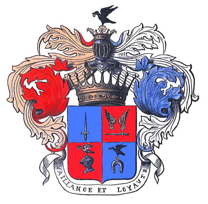 Ilustracja przedstawia herb hrabiowski. Tarcza herbowa jest podzielona na cztery pola. Pole górne lewe jest błękitne. Umieszczono w nim srebrny miecz o złotej rękojeści. Jego ostrze jest skierowane ku górze. Pole górne prawe jest czerwone. Umieszczono w nim parę złotych skrzydeł o pięciu piórach, a pod nimi srebrny miecz ze złotą rękojeścią. Jego ostrze jest skierowane w lewą stronę. Pole dolne lewe jest czerwone. Umieszczono w nim lewy profil hełmu. Siedzi na nim srebrny kruk ze złotym pierścieniem w dziobie. Skrzydła ptaka są skierowane ku górze. Pole dolne prawe jest czerwone. Umieszczono w nim srebrną podkowę z umocowanym na niej równoramiennym złotym krzyżem. Siedzi na nim czarny kruk ze złotym pierścieniem w dziobie. Skrzydła ptaka są skierowane ku górze. Nad tarczą umieszczono koronę. Całość jest opleciona liśćmi. Liście po prawej stronie są błękitne. Liście po lewej stronie są czerwone. U góry liściasta ozdoba jest połączona ukoronowanym hełmem rycerskim. Jest on ustawiony przodem do nas. Na koronie siedzi czarny kruk ze złotym pierścieniem w dziobie. Jego skrzydła są uniesione. Pod tarczą umieszczona jest szarfa z dewizą:  Vaillance et loyaute.