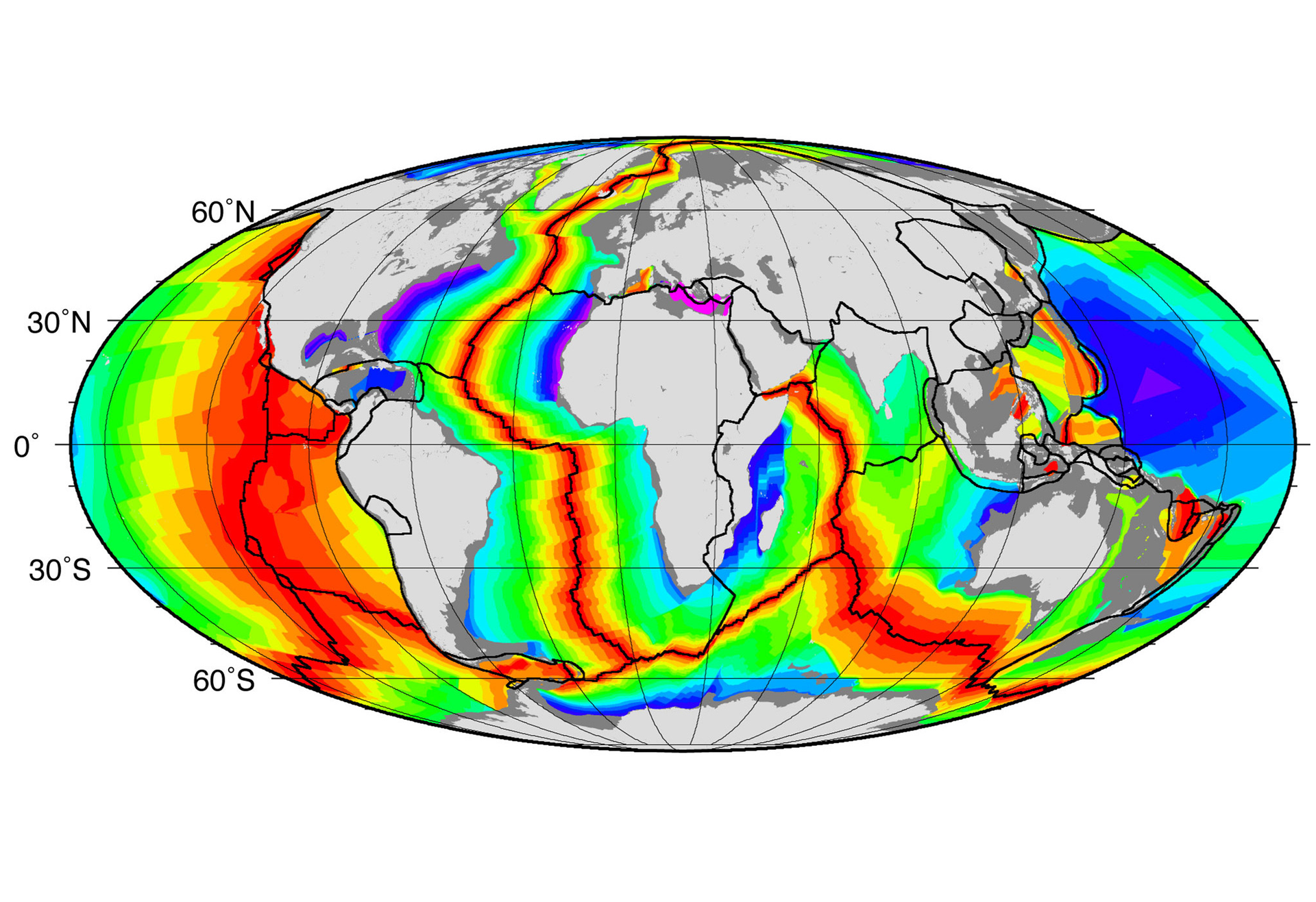 Na mapie świata kolorami zaznaczono wiek skorupy oceanicznej. Wyróżnia się kolor czerwony - jest on na styku płyt tektonicznych, szczególnie na zachód od Ameryk, na zachód i na południe od Afryki, na południowy zachód od Australii. Im dalej od czerwonych miejsc, kolor zmienia się kolejno na żółty, zielony, niebieski.