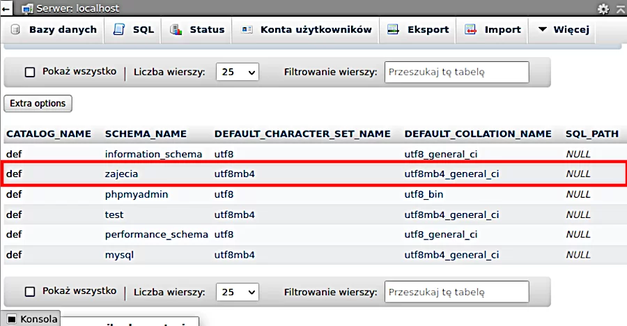 Widok domyślnego kodowania bazy w aplikacji lang='en'>phpMyAdmin. Okno o nazwie: Serwer: localhost. Z listy wybrano: catalog_name: def, schema_name: zajecia, default_character_set_name: utf8mb4, default_collation_name: utf8mb4_general_ci. W polu Liczba wierszy wpisano 25.