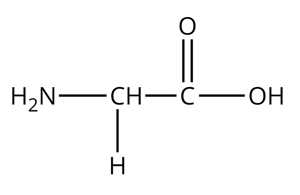 Wzór półstrukturalny glicyny. Do grupy H indeks dolny, dwa, koniec indeksu dolnego, N z prawej strony przyłączona jest grupa C H. Od niej odchodzą dwa wiązania pojedyncze. Pierwsze skierowane jest w prawo do atomu węgla. Od niego odchodzą dwa wiązania: podwójne w górę, prowadzące do atomu tlenu i pojedyncze w prawo do grupy O H. Drugie wiązanie odchodzące od grupy C H skierowane jest w dół i łączy się z atomem wodoru.