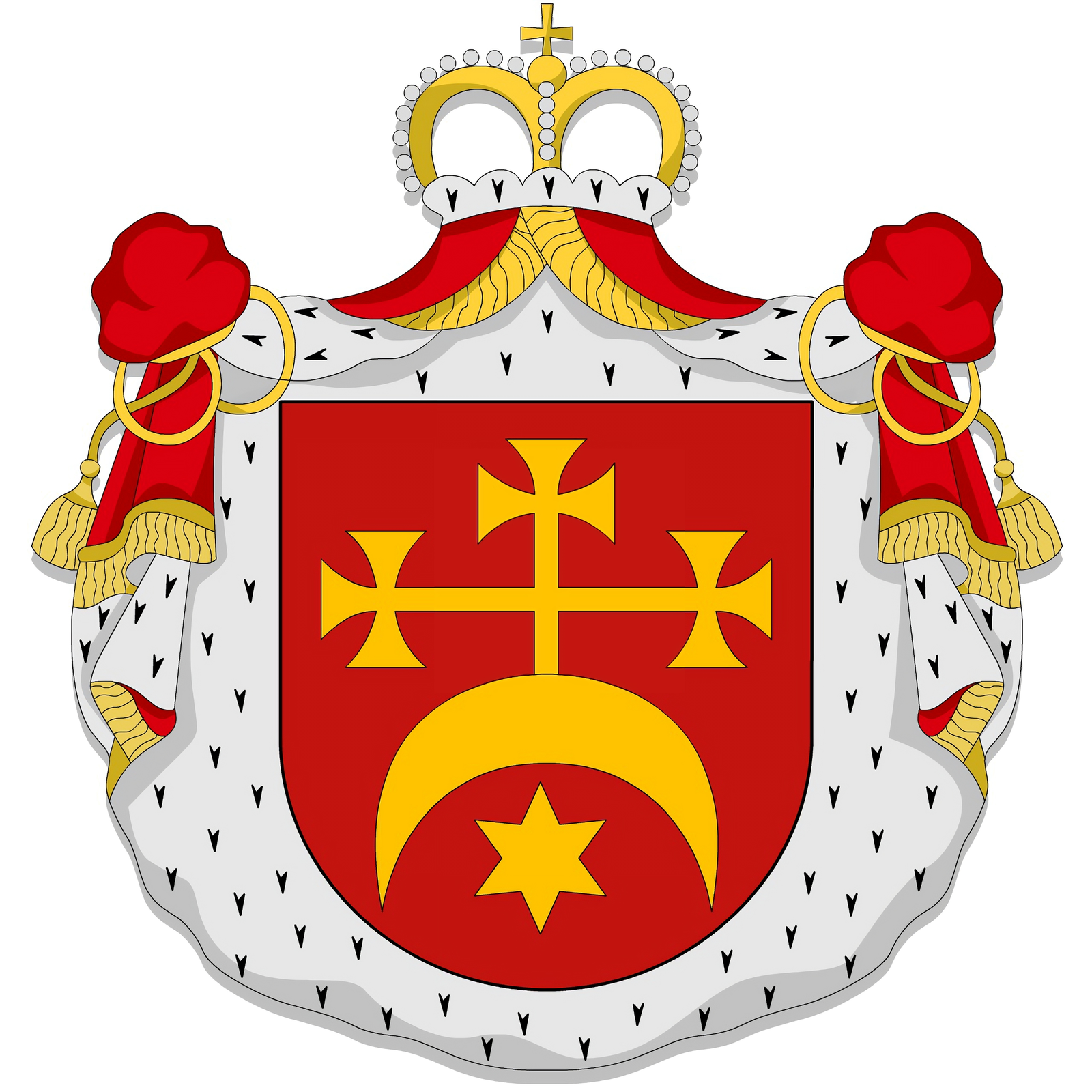 Kliknij, aby powiększyć. Ilustracja przedstawia herb rodu Wiśniowieckich. W polu czerwonym odwrócony złoty księżyc, który jest zespolony ze złotym trójkrzyżem i ma pod sobą na środku gwiazdę złotą. W klejnocie jest mitra książęca. Herb otoczony jest płaszczem heraldycznym.