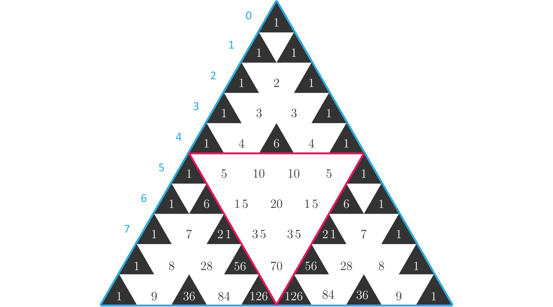 Ilustracja przedstawia trójkąt, w który wpisano liczby w następujący sposób: W trójkąt wpisano 10 rzędów cyfr z tym, że zaczynamy od wiersza zerowego, rozpoczynając od górnego wierzchołka mamy: rząd zero: 1, rząd jeden: 1 1, rząd dwa: 1 2 1, rząd trzy: 1 3 3 1, rząd cztery: 1 4 6 4 1, rząd pięć: 1 5 10 10 5 1, rząd sześć: 1 6 15 20 15 6 1, rząd siedem: 1 7 21 35 35 21 7 1, rząd osiem: 1 8 28 56 70 56 28 8 1, rząd dziewięć: 1 9 36 84 126 126 84 36 9 1. Wzdłuż lewego ramienia trójkąta wpisano liczby kolejno od góry: 0 1 2 3 4 5 6 7. Naokoło liczb: 1 6 21 56 36 oraz 126 zaznaczono czarne trójkąty. Wewnątrz trójkąta narysowano trójkąt obrócony wierzchołkiem do dołu, który obejmuje cyfry idąc od góry: 5 10 10 5, 15 20 15, 35 35, 70.