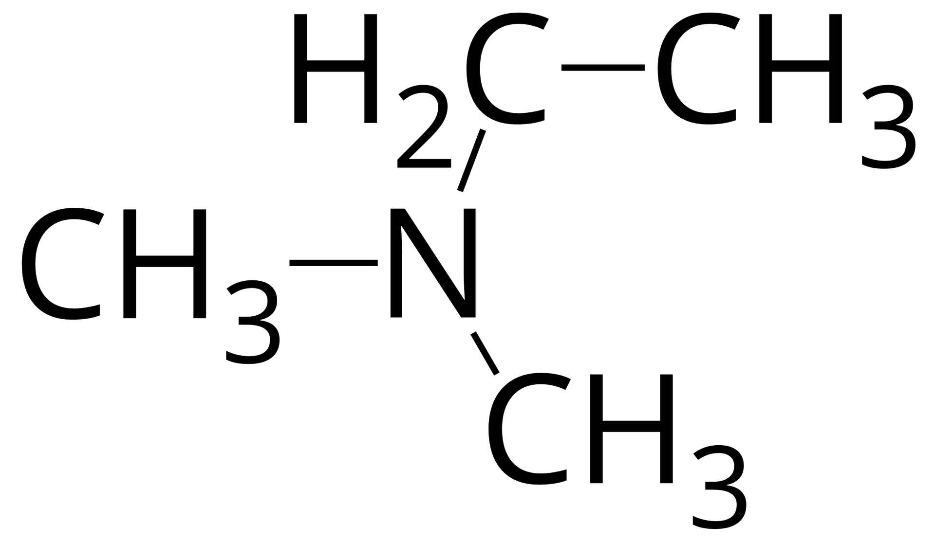 Ilustracja przedstawia wzór półstrukturalny: do atomu azotu przyłączone są dwie grupy CH3 i grupa CH2CH3.