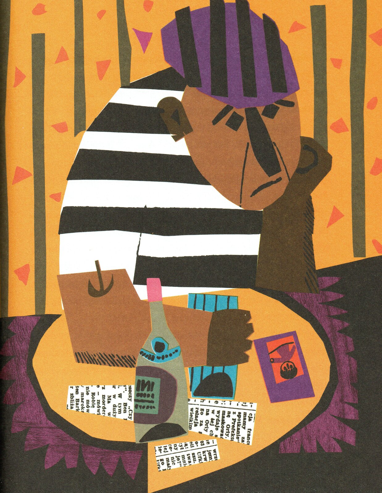 Ilustracja przedstawia pracę Zbigniewa Rychlickiego z książki Ericha Kästnera "Michałek z pudełka do zapałek". Ukazuje mężczyznę siedzącego przy stole. Na ręku ma wytatuowaną kotwicę, ubrany jest w pasiastą, czarno-białą koszulkę i fioletowo-czarną czapkę. Na stoliku stoi butelka i leżą zdjęcia. Na twarzy postaci rysuje się smutek.