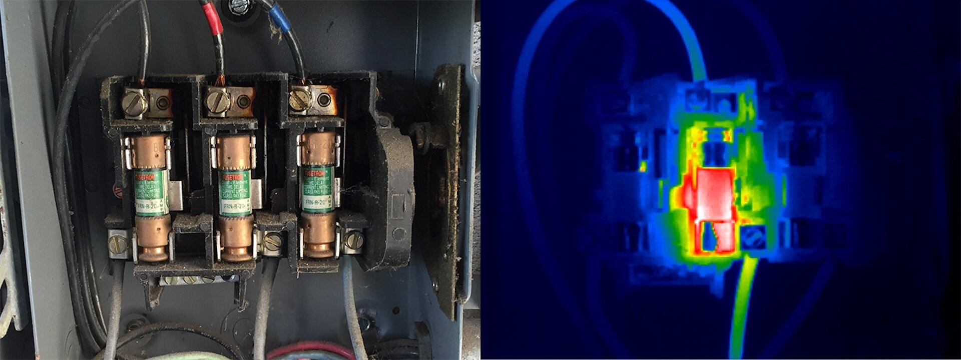 Rys. 2. Rysunek przedstawia dwa zdjęcia trzech takich samych elementów elektrycznych, przez które płynie prąd. Na lewym zdjęciu widać te elementy w świetle widzialnym. Wyglądem przypominają szklane rurki z oboma końcami zamkniętymi miedzianymi nakładkami umieszczone w metalowych zaciskach. Zdjęcie z prawej strony przedstawia widok tych elementów w kamerze termowizyjnej. Środkowy element żarzy się na czerwono a pozostałych elementów prawie nie widać. Oznacza to, że środkowy element nagrzewa się dużo mocniej od pozostałych.