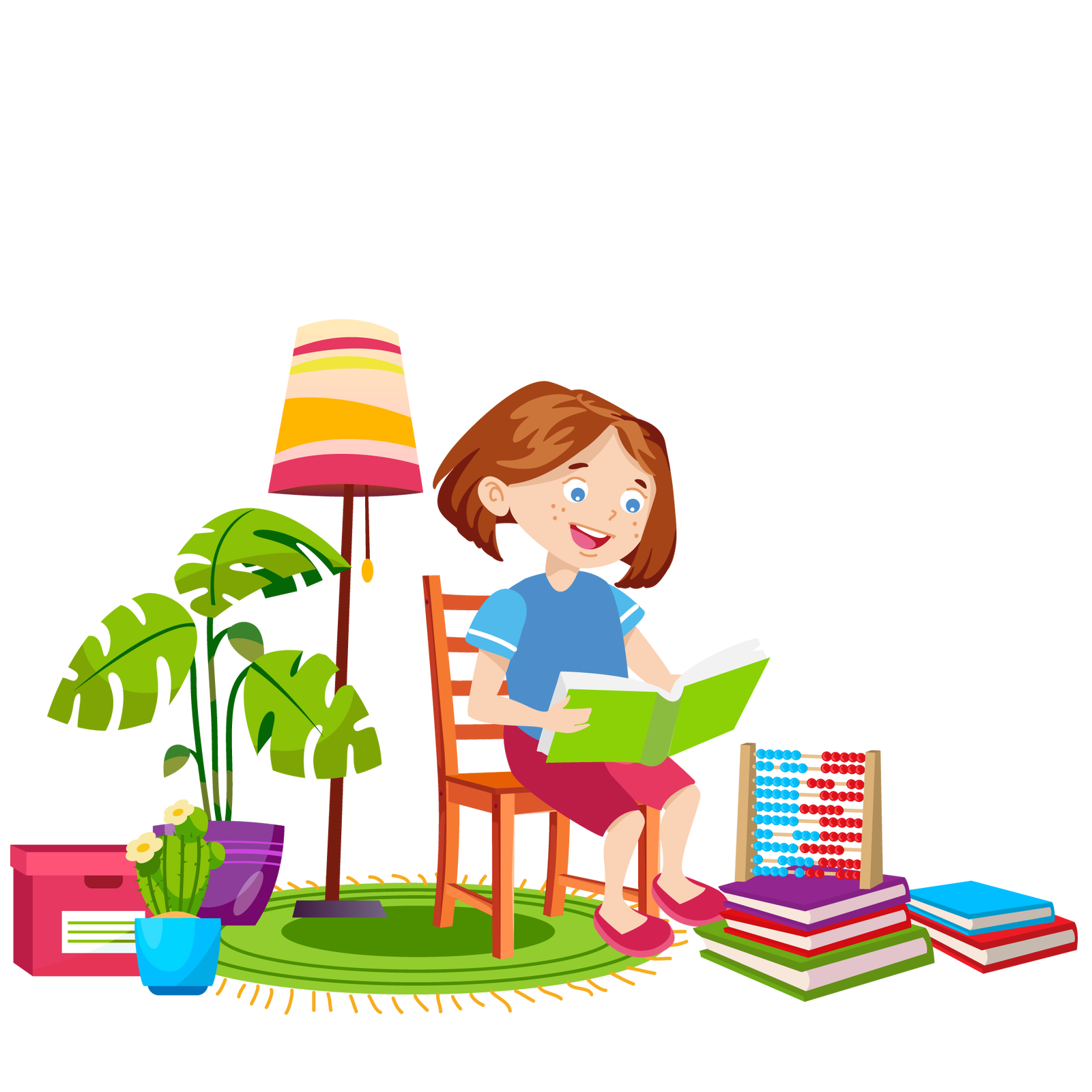 Ilustracja przedstawia fragment pomieszczenia w domu Franka i Mai. Na środku leży okrągły jasnozielony dywan z frędzlami. Stoi na nim duża zielona roślina w fioletowej donicy, wysoka, kolorowa lampa podłogowa oraz brązowe krzesło. Na krześle siedzi szeroko uśmiechnięta Maja. Czyta książkę, którą trzyma w rękach. Okładka książki jest zielona. Po lewej stronie ilustracji stoi na podłodze ciemnoróżowe pudełko z pokrywką i zielony kaktus w niebieskiej donicy. Po prawej stronie ilustracji są na podłodze trzy książki ułożone jedna na drugiej. Pierwsza ma fioletową okładkę, druga czerwoną, a trzecia zieloną. Na książkach stoi brązowe liczydło z niebieskimi i czerwonymi koralikami. Obok leżą jedna na drugiej kolejne dwie książki. Pierwsza ma niebieską okładkę, a druga czerwoną.