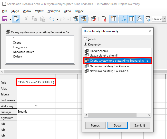 Zrzut ekranu przedstawia kreator kwerend w programie LibreOffice Base o nazwie Średnia ocen w 1e wystawionych przez Alinę Bednarek w 1e.Na górze znajduje się tabela o nazwie Oceny wystawione przez Alinę Bednarek w 1e zawierająca pola: Ocena, Imie_naucz, Nazwisko_naucz, IDklasy  Poniżej znajduje się tabela z 8 wierszami: Pole, Alias, Tabela, Sortowanie, Widoczny, Funkcja, Kryteria, lub. W wierszu Pole wpisano CAST("Ocena" AS DOUBLE) pole jest zaznaczone czerwonym prostokątem.Wiersz Alias jest pusty. Wiersz Tabela jest pusty. Wiersz sortowanie jest pusty.W wierszu Widoczny znajdują się pola wyboru.W wierszu Funkcja wpisano Średnia. Wiersz Kryterium jest pusty. Wiersz lub jest pusty. Po prawo znajduję się okno dodaj tabelę lub kwerendę, w którym wybrano opcje Kwerendy. Poniżej znajdują się nazwy kwerend, w której kwerenda Oceny wystawione przez Alinę Bednarek w 1e jest zaznaczona czerwonym prostokątem.