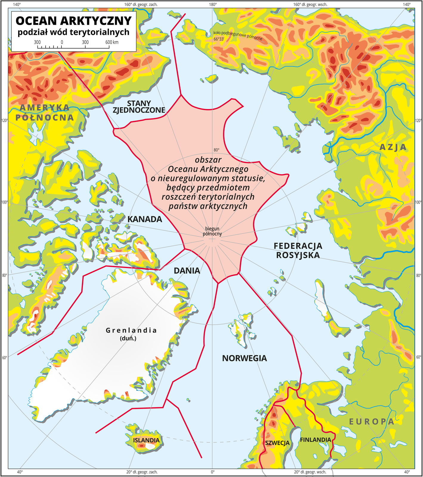 Ilustracja przedstawia mapę Oceanu Arktycznego. Na mapie przedstawiono podział wód terytorialnych. Poprowadzono czerwone linie. Przypisano obszary Oceanu Arktycznego Stanom Zjednoczonym, Kanadzie, Danii, Norwegii, Federacji Rosyjskiej. Centralną cześć Oceanu Arktycznego wokół bieguna północnego opisano jako obszar Oceanu Arktycznego o nieuregulowanym statusie, będący przedmiotem roszczeń terytorialnych państw arktycznych. Na mapie są południki i równoleżniki, które opisano w białej ramce dookoła mapy co dwadzieścia stopni. Dookoła zastosowano podziałkę liniową od 0 do 600 km, co 300 km. Po lewej stronie od 0 do 300 km podziałka podzielona jest na mniejsze odcinki, co 50 km.