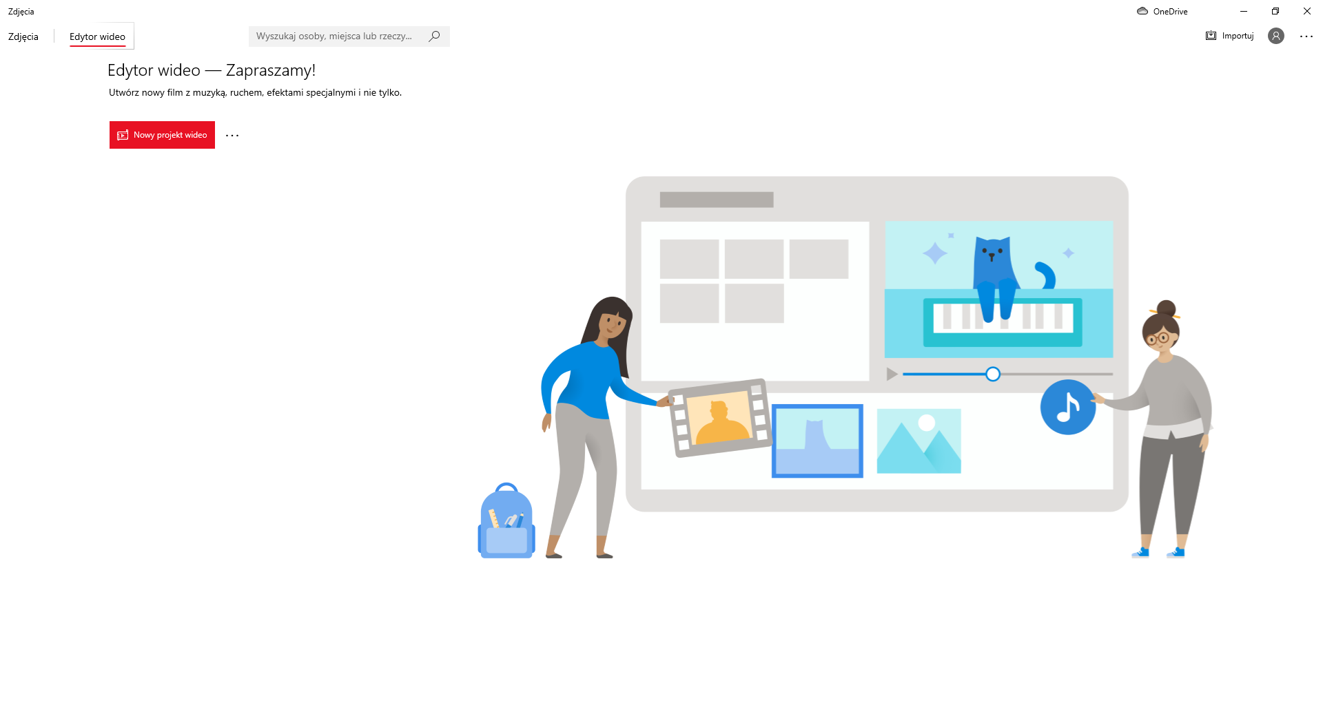 Na zrzucie ekranu przedstawiono widok aplikacji Edytor Wideo. W górnej części znajdują się zakładki zdjęcia oraz wybrana zakładka – edytor wideo. Poniżej znajduje się napis. Edytor wideo – zapraszamy! Utwórz nowy film z muzyką, ruchem, efektami specjalnymi i nie tylko. Niżej znajduje się czerwony przycisk nowy projekt wideo. W prawym górnym rogu znajduje się polecenie importuj. W centralnej części ekranu widoczna jest grafika tabletu z filmem oraz ścieżką dźwiękową doklejaną przez dwie postacie kobiet.