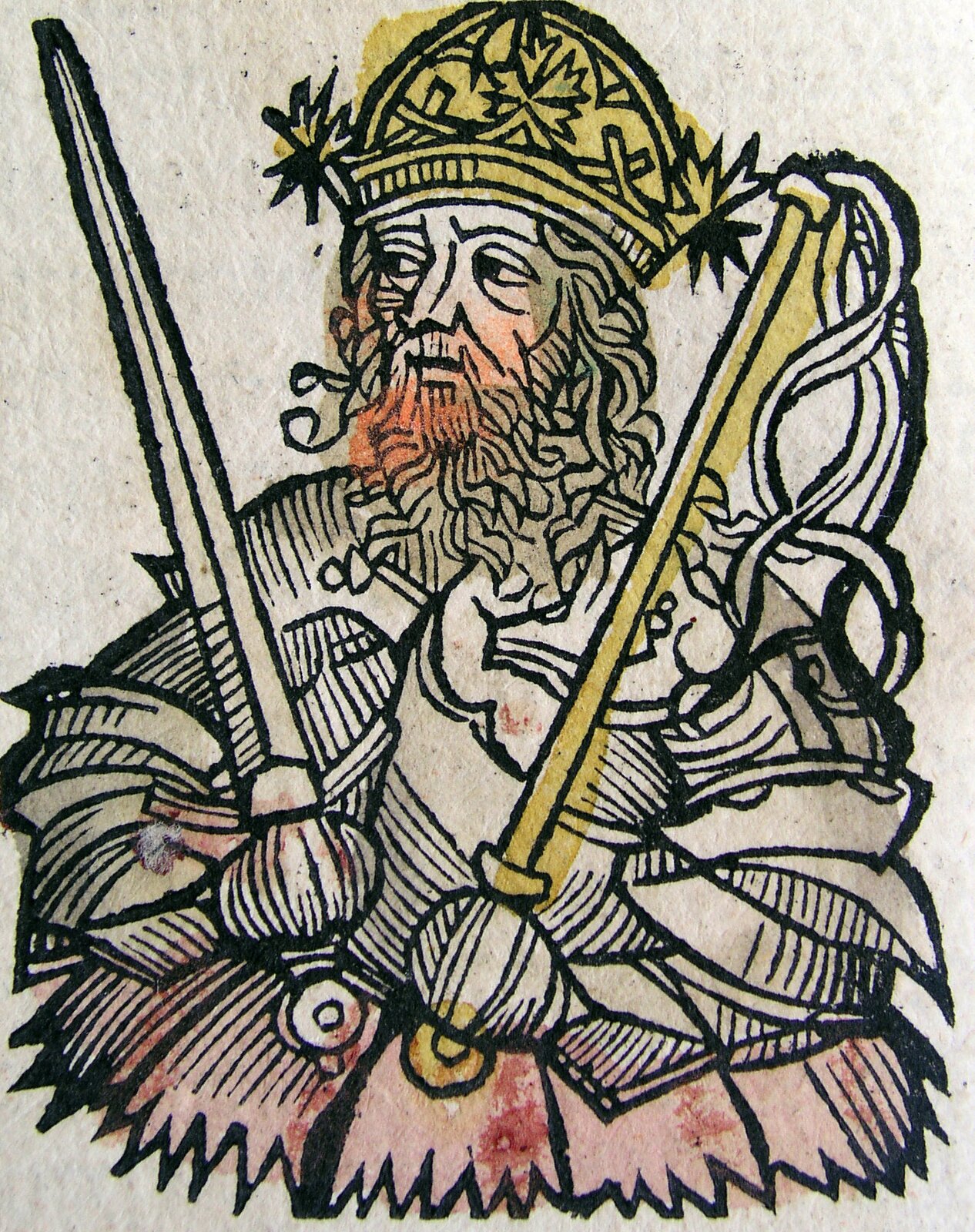 Ilustracja Hartmanna Schedela pod tytułem „Domniemany portret Attyli” przedstawia portret króla Hunów - Attyli, który został ukazany jako mężczyzna w podeszłym wieku, o długim zaroście i długich siwych włosach. Ubrany jest w zbroję, w dłoniach trzyma dwa miecze - jeden srebrny, a drugi złoty. Na jego głowie znajduje się złota korona zdobiona ornamentami.