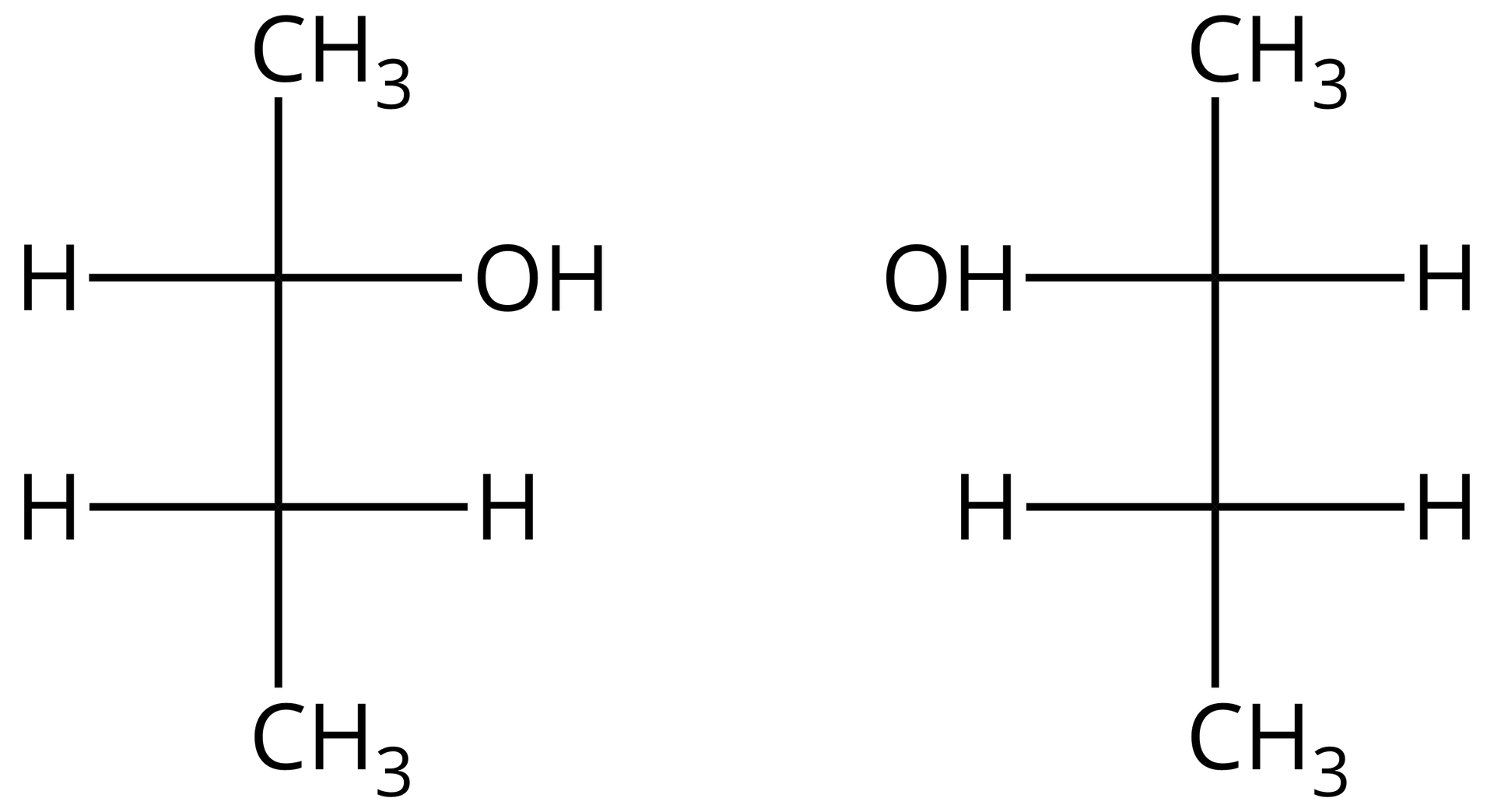 Na ilustracji są dwa pionowe wzory. Pierwszy wzór: zbudowany jest z czterech atomów węgla. Pierwszy i ostatni są częścią grupy metylowej. Drugi atom węgla łączy się z lewej strony z H, z prawej z OH. Trzeci atom węgla łączy się z lewej i prawej strony z H. Drugi wzór: zbudowany jest z czterech atomów węgla. Pierwszy i ostatni są częścią grupy metylowej. Drugi atom węgla łączy się z lewej strony z OH, z prawej z H. Trzeci atom węgla łączy się z lewej i prawej strony z H.