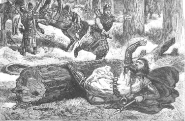 Ilustracja przedstawia brodatego mężczyznę upadającego na konar zwalonego drzewa. Prawą rękę ma podniesioną do góry. Lewą zgiętą w łokciu. Ubrany jest w zbroję rycerską, na którą nałożoną ma materiałową tunikę, przepasana w pasie zdobionym pasem. Za leżącym konarem drzewa, biegnie w stronę upadającego, rycerz. Obie ręce ma wyciągnięte do przodu. Tuż za nim, stoi drugi żołnierz trzymający za uzdę konia stojącego na tylnych nogach. Sytuacja rozgrywa się w lesie.