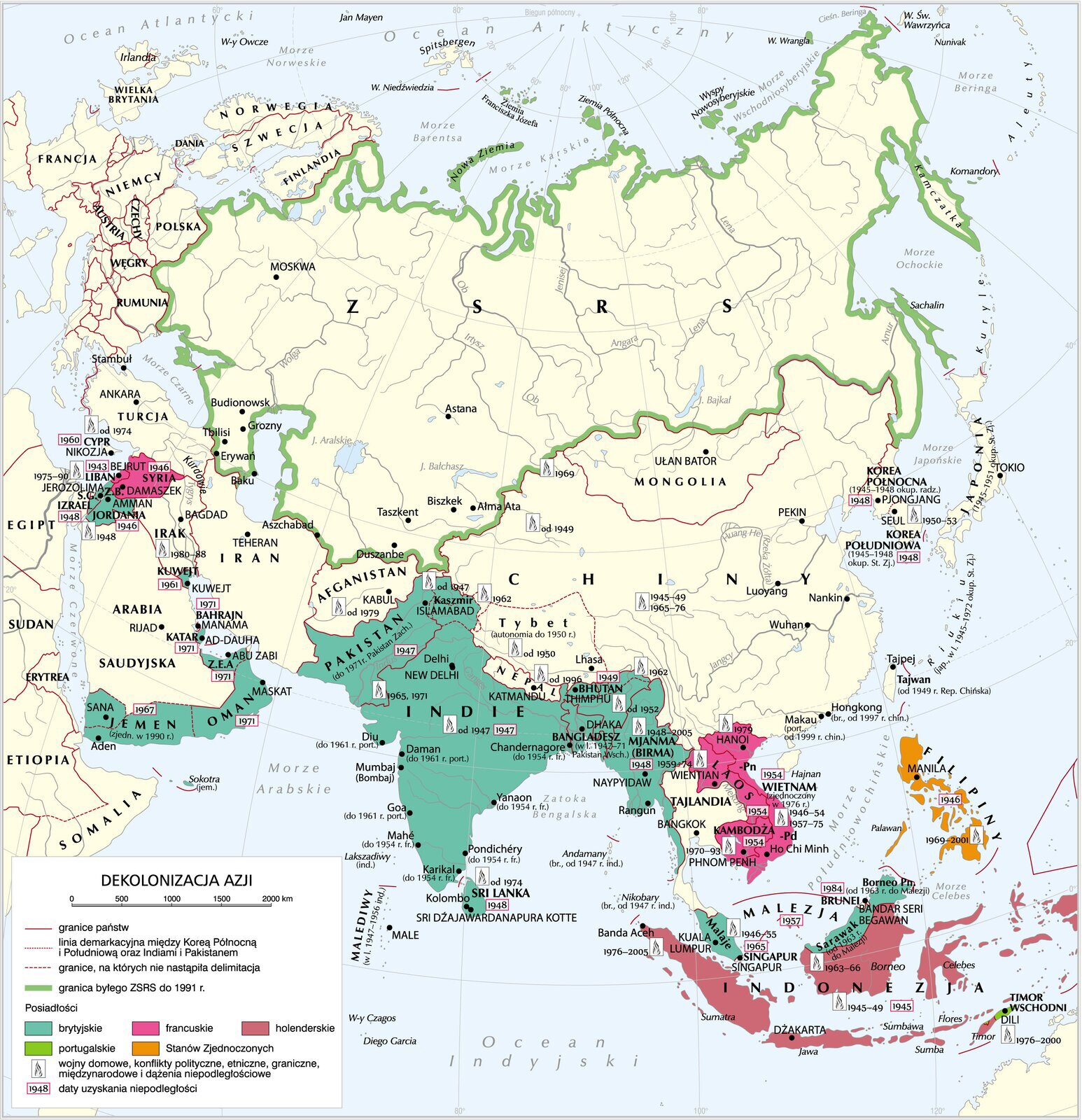 Mapa - Dekolonizacja Azji w XX wieku ; mapa przedstawia proces dekolonizacji obszarów południa Azji;  Indie, Pakistan, Bangladesz, Birma, obszary Indochin (dziś to Laos, Wietnam, Kambodża),  Malezji: na Bliskim Wschodzie zaznaczono państwa Syria, Jordania; na Półwyspie Arabskim wyróżniono Jemen, Oman na obszarze Indii Holenderskich wyróżniono Indonezję, Malezję; zaznaczono Filipiny; 