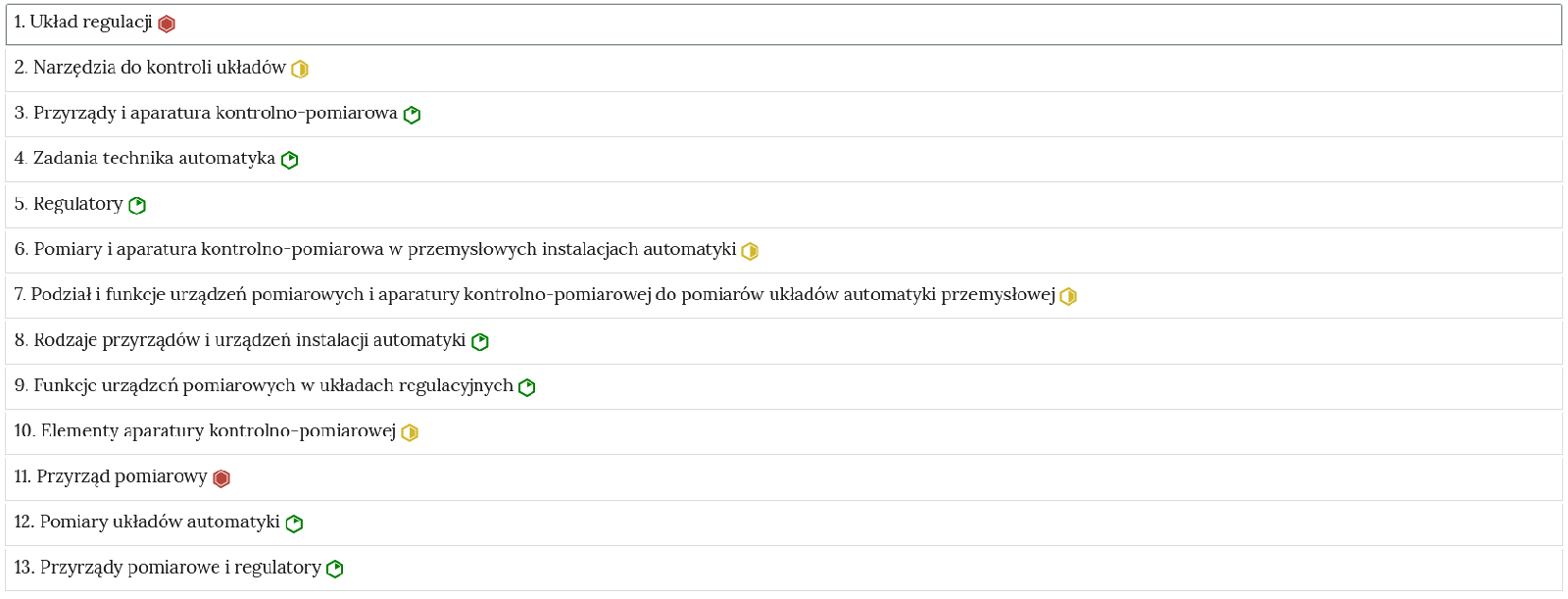 Przykładowy widok zadania. Na ilustracji widoczne są niewielkie prostokąty tworzące zakładki, które zostały opatrzone nagłówkami. Po prawej stronie zakładek mieszczą się oznaczenia trudności poziomu ćwiczenia w postaci okręgów: zielonych oraz żółtych.